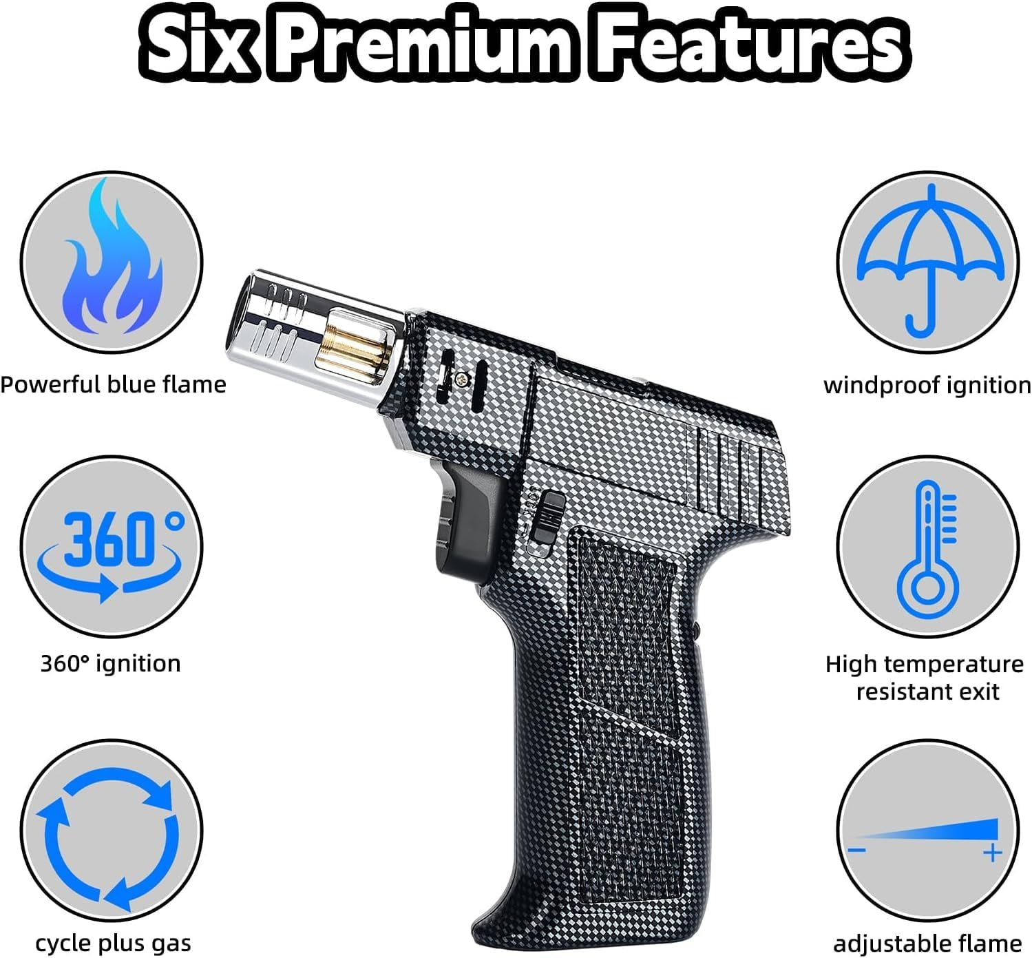 Windproof Torch Lighter,Adjustable Flame Refillable Butane Gas Lighter with Continuous Flame Lock,Kitchen Cooking Refillable Torch Lighter, Butane Gas Is Not Included (Fiber Black) image number 3