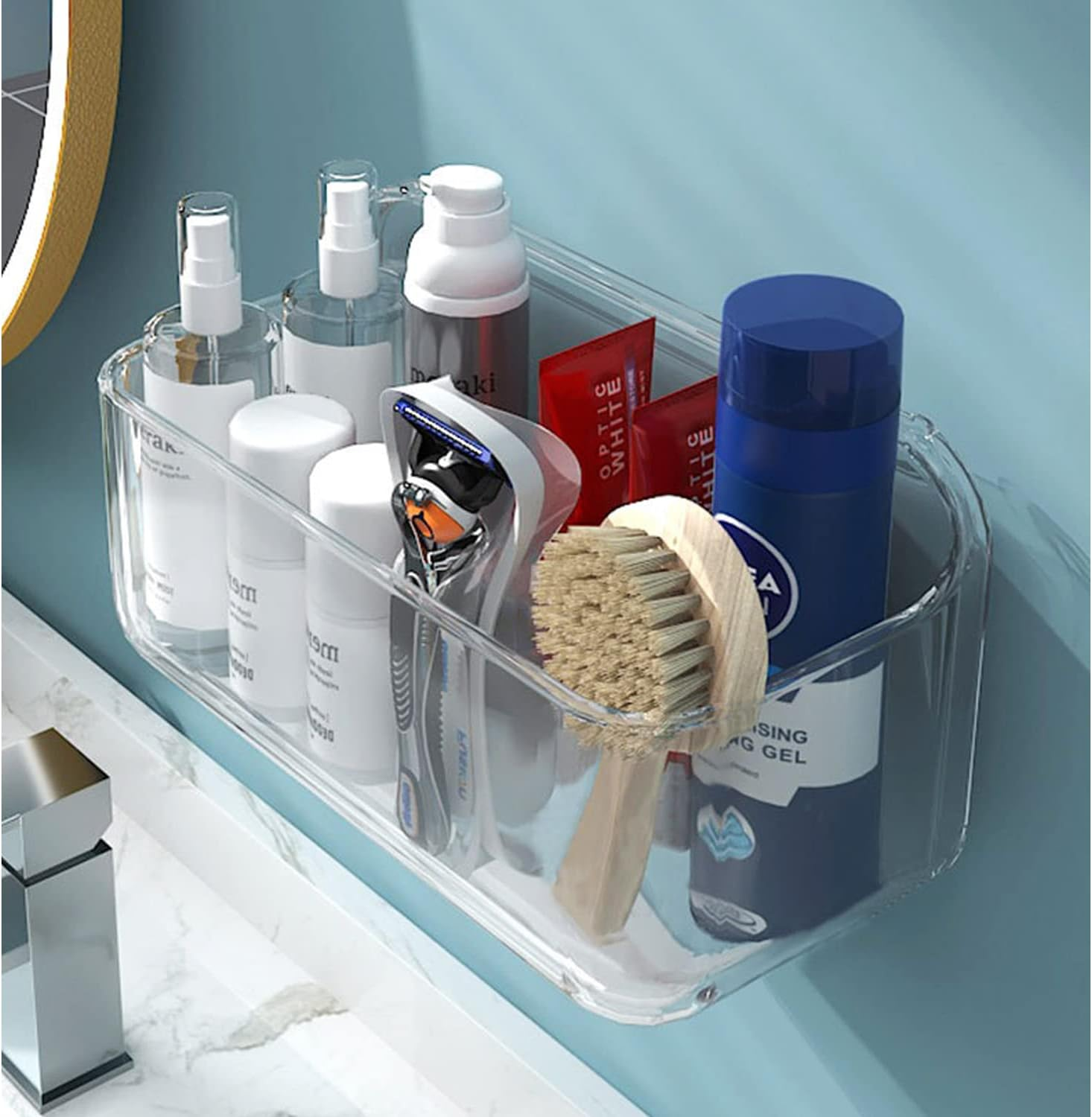 Acrylic Adhesive Wall Mounted Bathroom Organiser, Shower Caddy without Drilling, Automatic Draining Sink Caddy for Kitchen, Bathroom, Laundry, Camper, Utility Room, Shower Organiser, Shelves image number 3