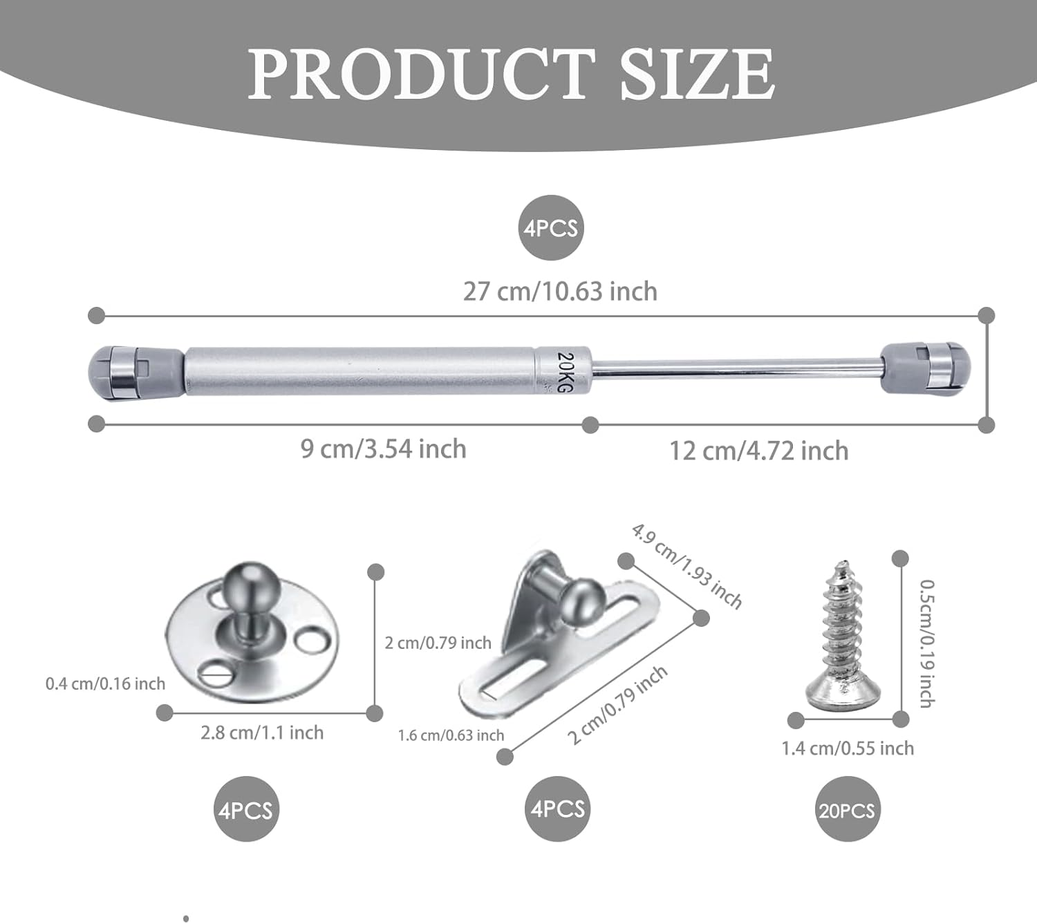 4 Pcs Gas Struts 200N, 20KG Gas Struts Heavy Duty Cabinet Door Hinges Gas Spring Strut Lift Stay Support Gas Strut for Kitchen Cupboard Wardrobe Cabinet Door, Silver image number 4