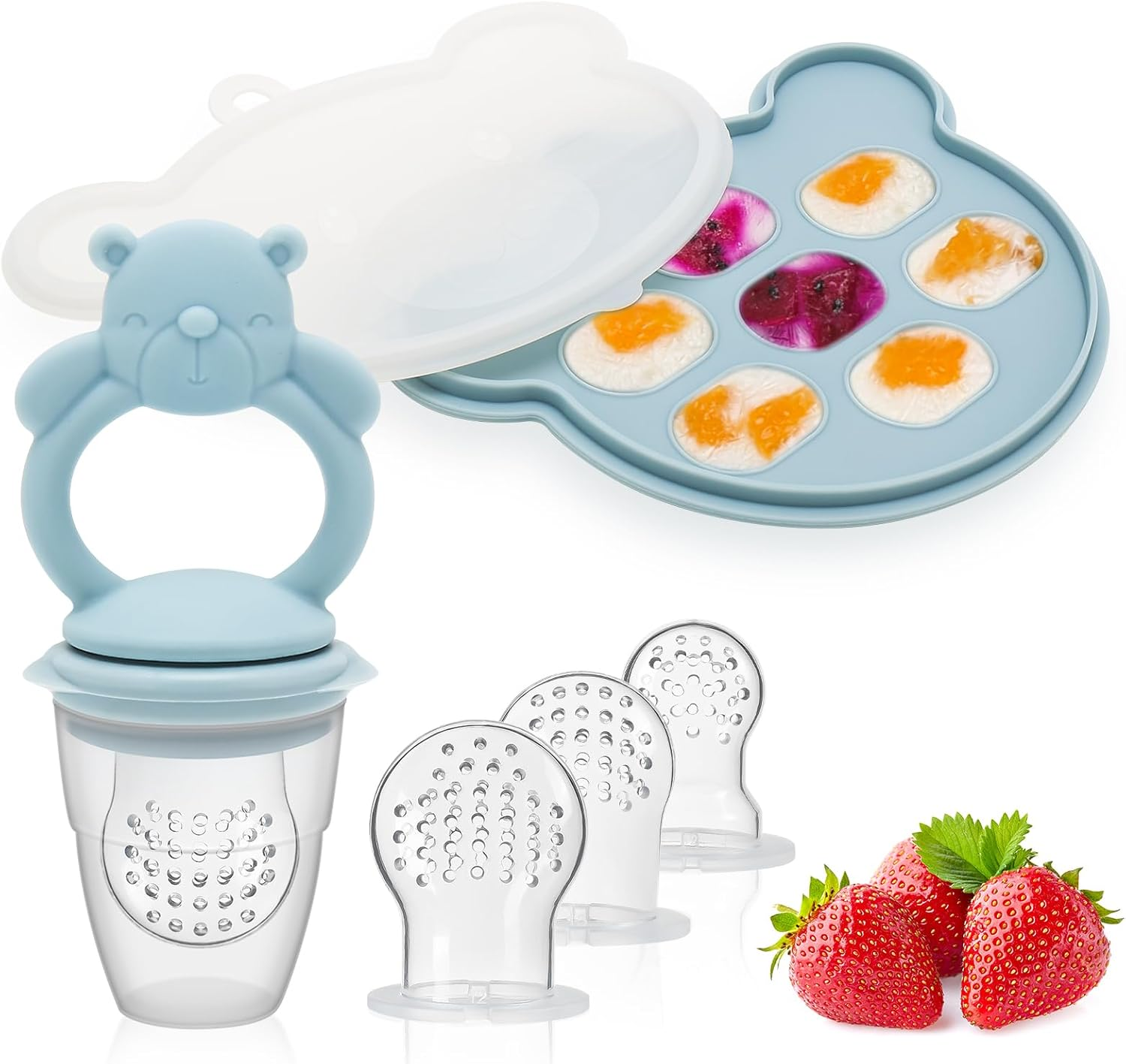 Baby Silicone Fruit Food Feeder Pacifier & Breastmilk Popsicle Freezer Molds, BPA Free Baby Food Storage Containers Frozen Ice Tray for Baby Feeding Safely, Infant Fruit Teething Toy