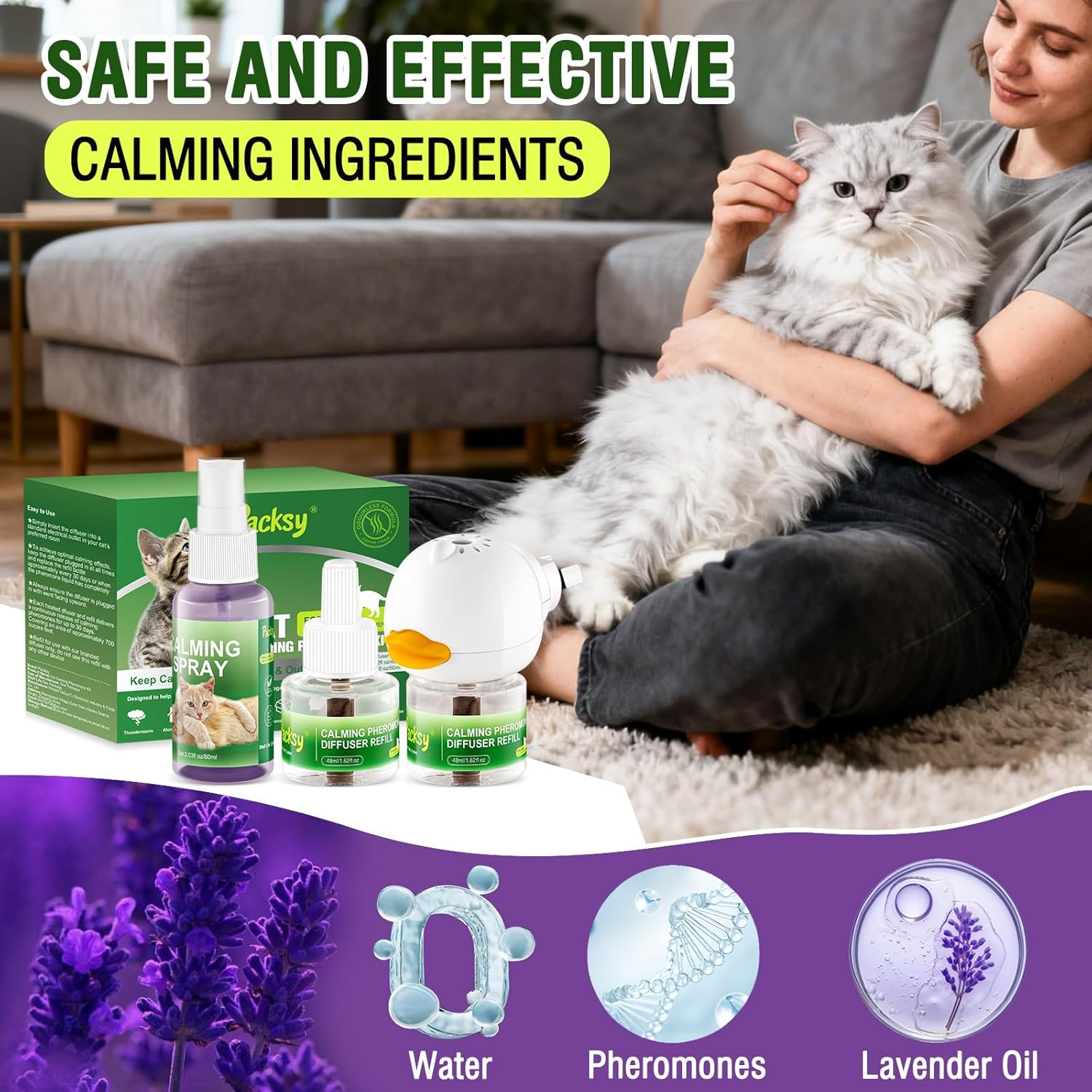 Cat Calming Pheromone Diffuser and Spray,Natural Stress-Reducing Formula for Cats,Promote Relaxation and Calmness,Easy to Use,Cat Stress Liquid,Au Diffuser(2 Refills+1 Spray) image number 4