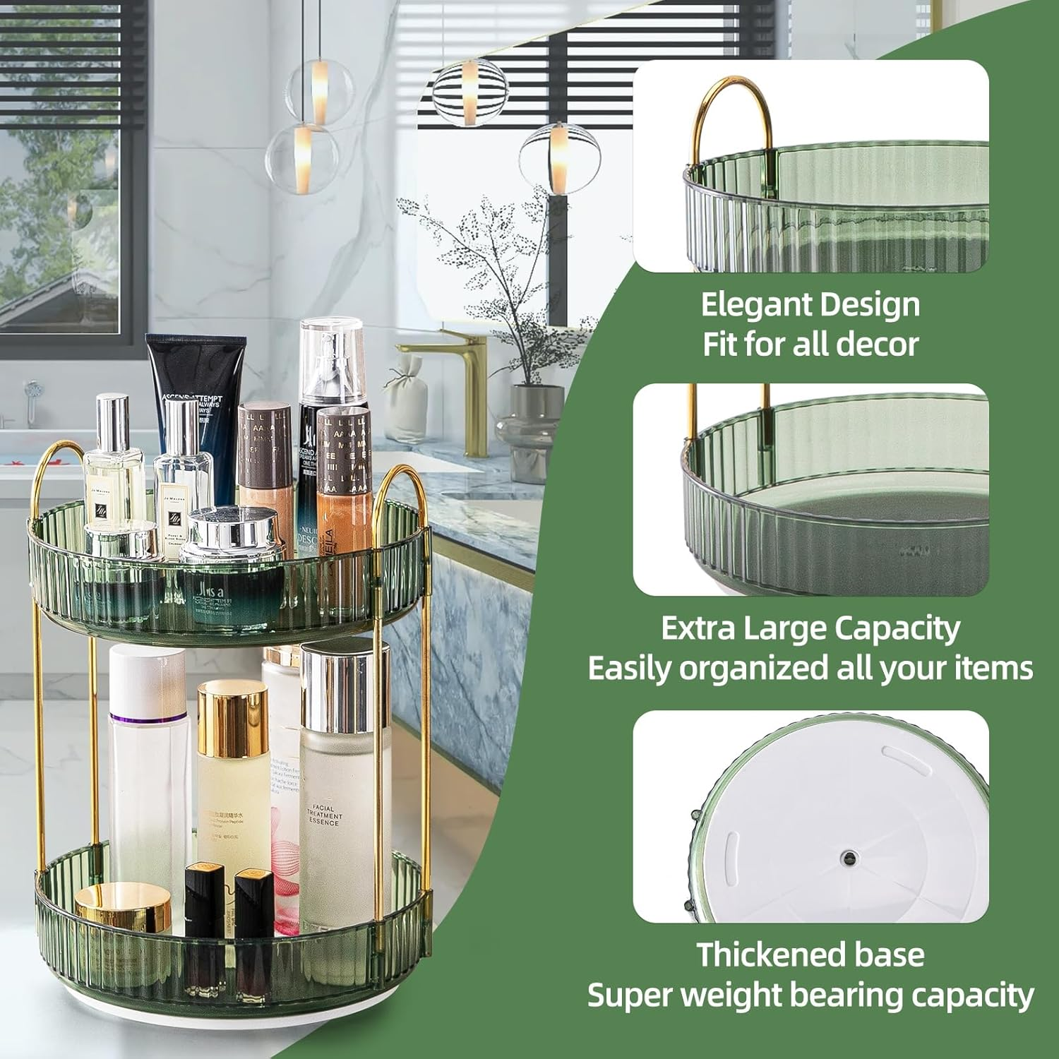 Makeup Organizer for Vanity, 360&deg; Rotating Bathroom Organizer Countertop, High-Capacity Skincare Organizer, Spinning Cosmetics Organizer for Dresser Countertop (2 Tiers, Green) image number 4