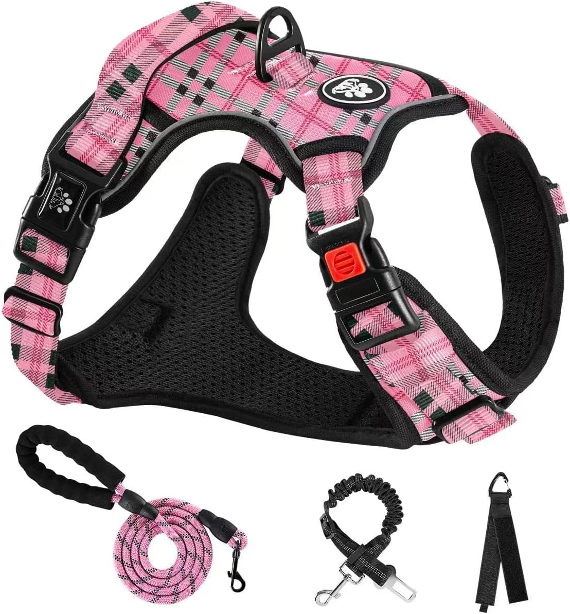 NESTROAD Pink Plaid Dog Vest Harness, No Pull Adjustable Harness and Lead Set for Large Dogs, Size XL of Neck 17~25" Chest 21~35", anti Pull Escape Proof Dog Lifting Harness with Seat Belt for Car image number 4