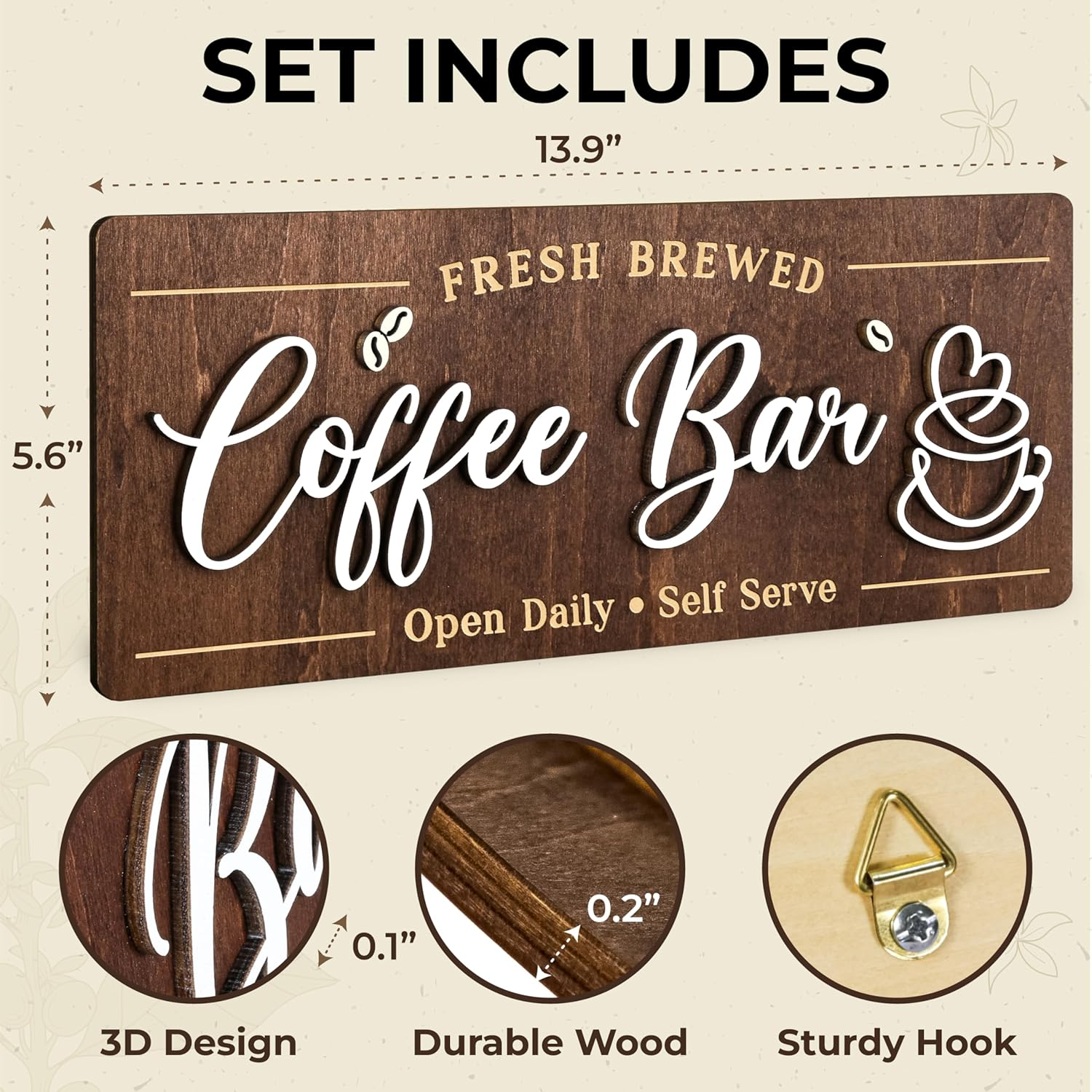Woodamore Coffee Bar Signs for Wall Decor - Vintage Coffee Accessories for Cafe Station Signs Decorations, Small Farmhouse Cafe Sign for Home Decor Kitchen, Countertop image number 5