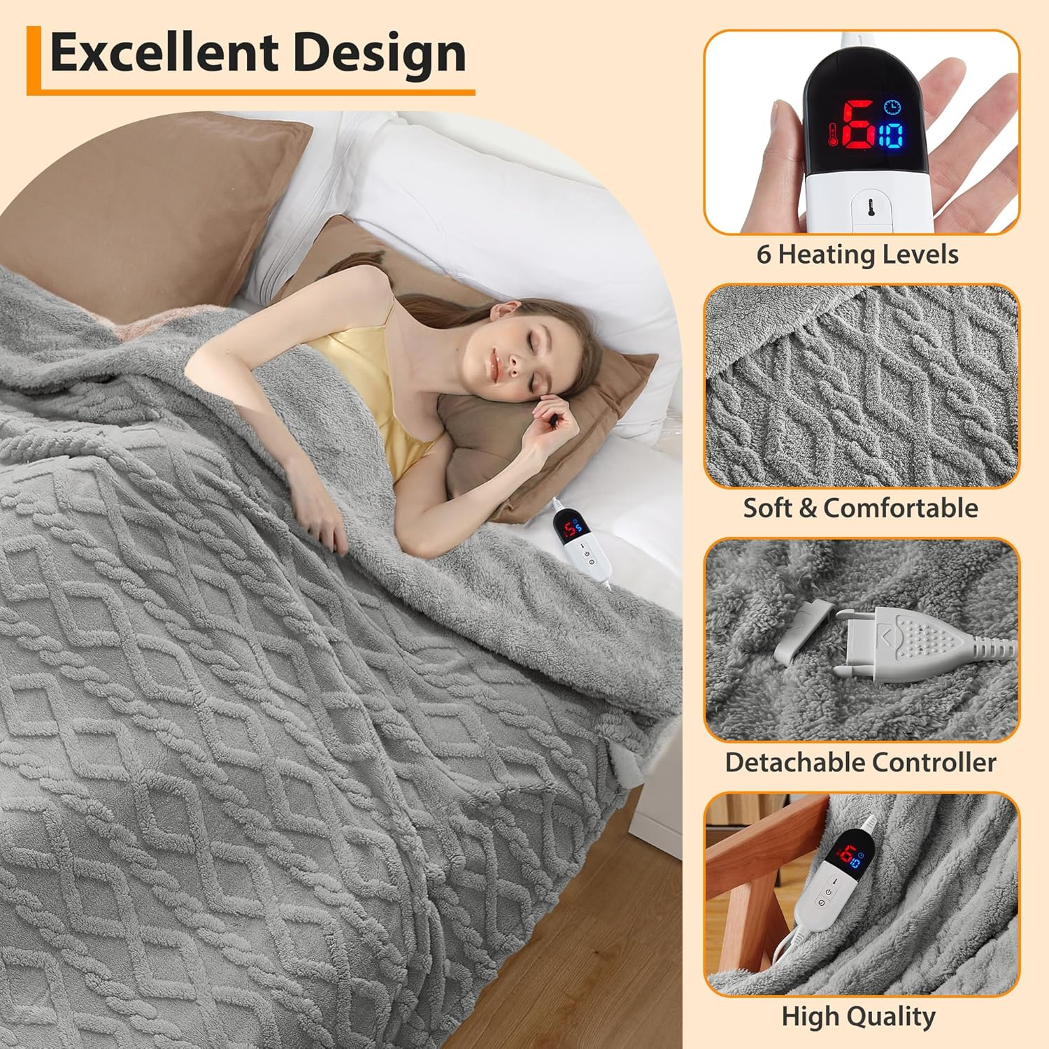 Heated Throw Blanket - 160X130Cm Thick Tufted Sherpa Electric Blanket with 6 Heat Settings and 10H Auto-Off, SAA Certified Overheat Protection Machine Washable Fast Heated Blanket, Gery image number 2