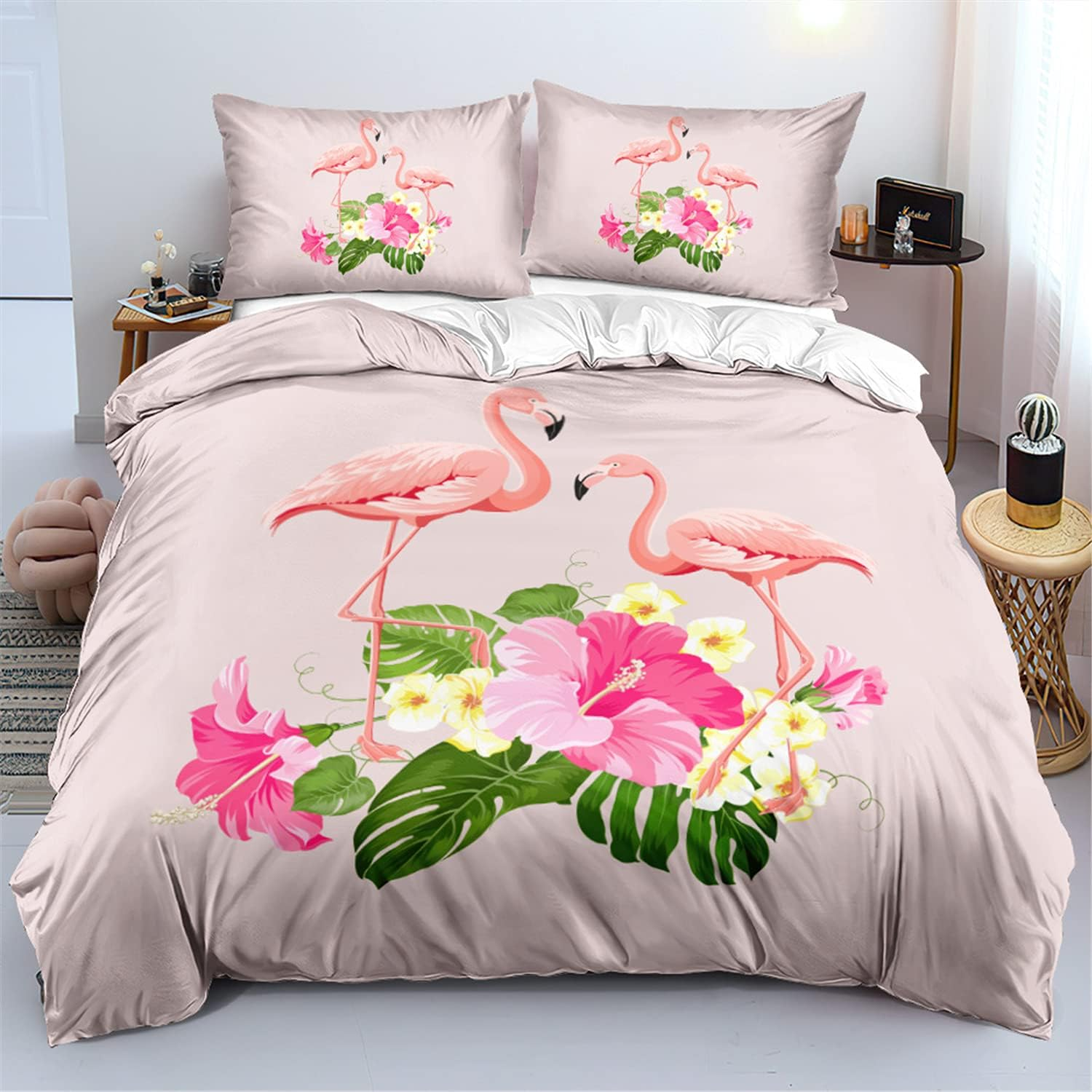 NINGMCE Elegant Flamingo Duvet Cover Romantic Scandinavian-Inspired Theme Pattern Bedding for Kids & Teens Soft Microfiber Quilt Cover Single/Double/King (3/4 PCS) (C,Queen-3Pcs)