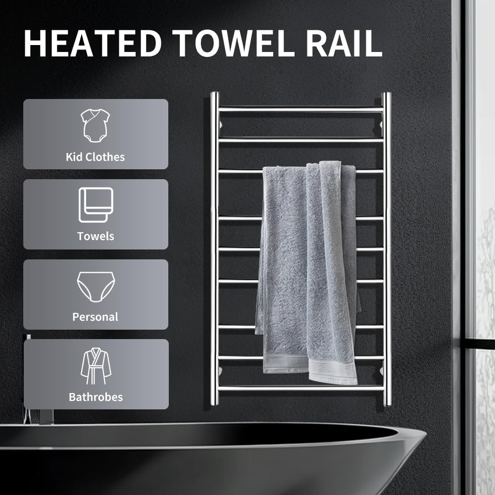 Viviendo Polished Premium Stainless Steel Electric Heated Towel Rack - 9 Bar 106Cm Chrome image number 4