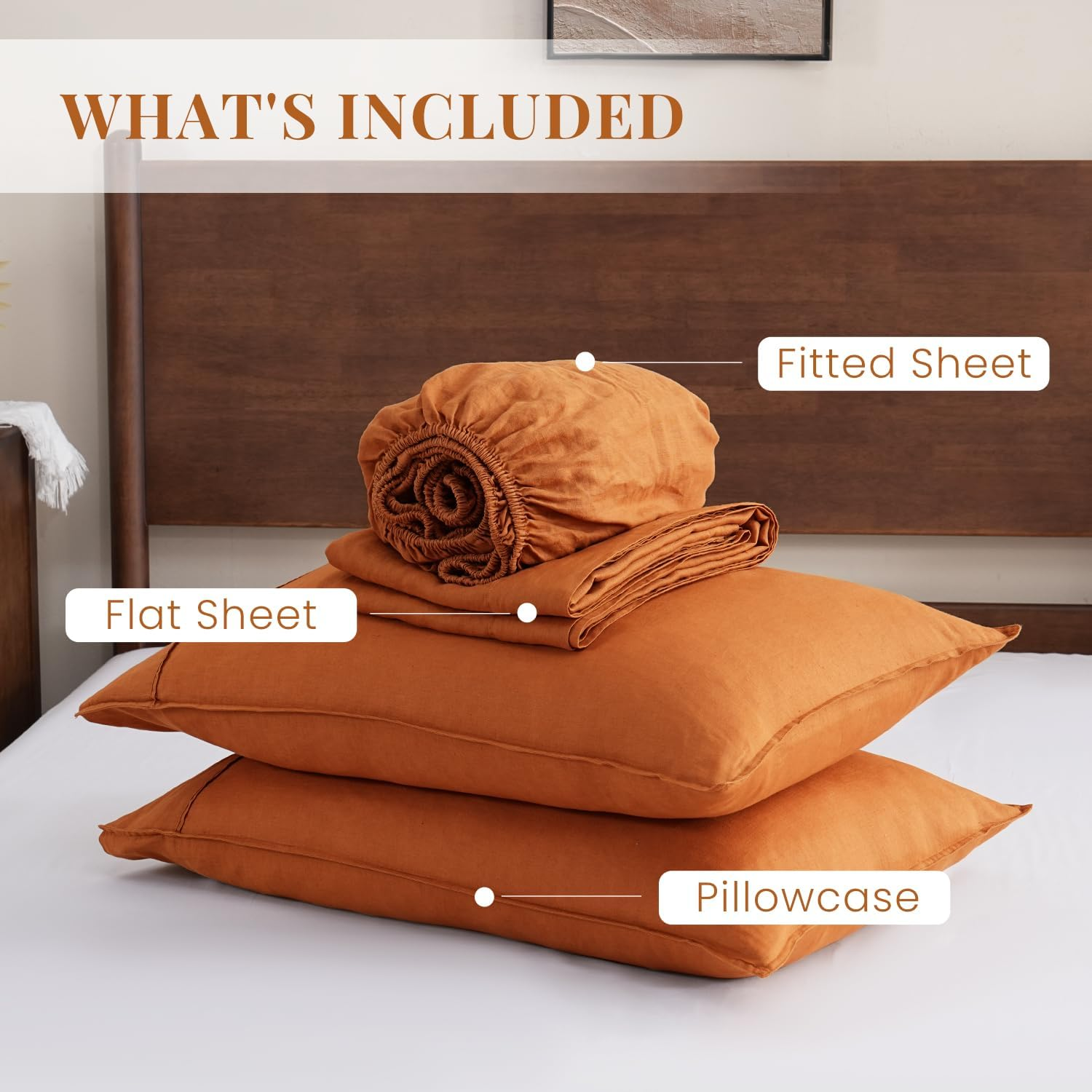 S VICTORY SYMBOL Pure Washed Linen Sheets Set Queen Size,European Flax Linen Bed Sheets(1 Flat Sheet,1 Fitted Sheet,2 Pillowcases) Breathable Soft Durable Boho Farmhouse Bedding-Pumpkin image number 5