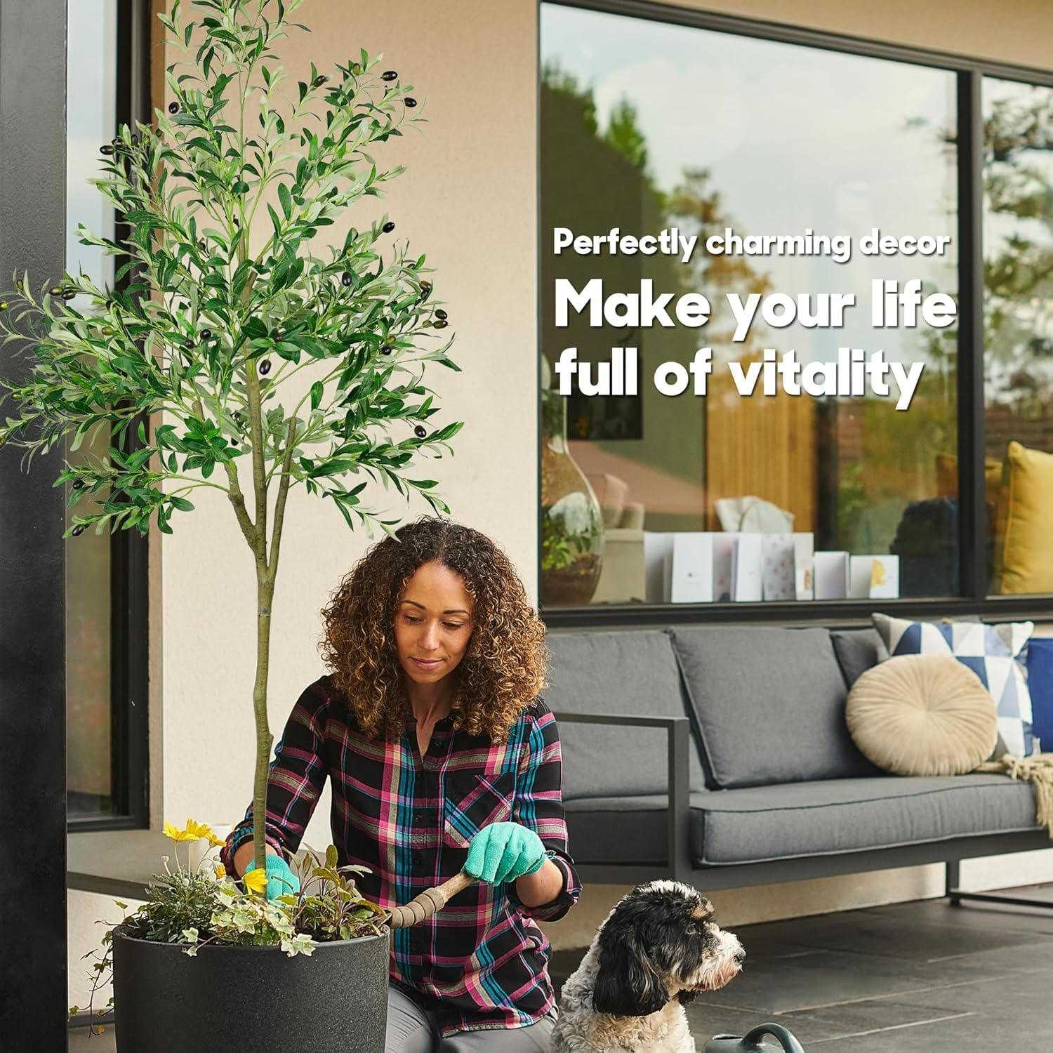 6FT Artificial Olive Tree, Faux Fake Plant for Office Home Living Room Indoor Outdoor Decor, Realistic Olive Silk Tree with Lifelike Leaves and Olive Fruits, 180Cm Modern Floor Decoration