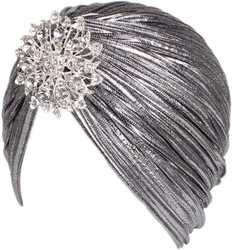 Women Vintage Turban Hat with Rhinestones Flower Decoration Beanie Cap Headwrap for 1920S Gatsby Costume Cocktail Party - Dark Gold image number 4