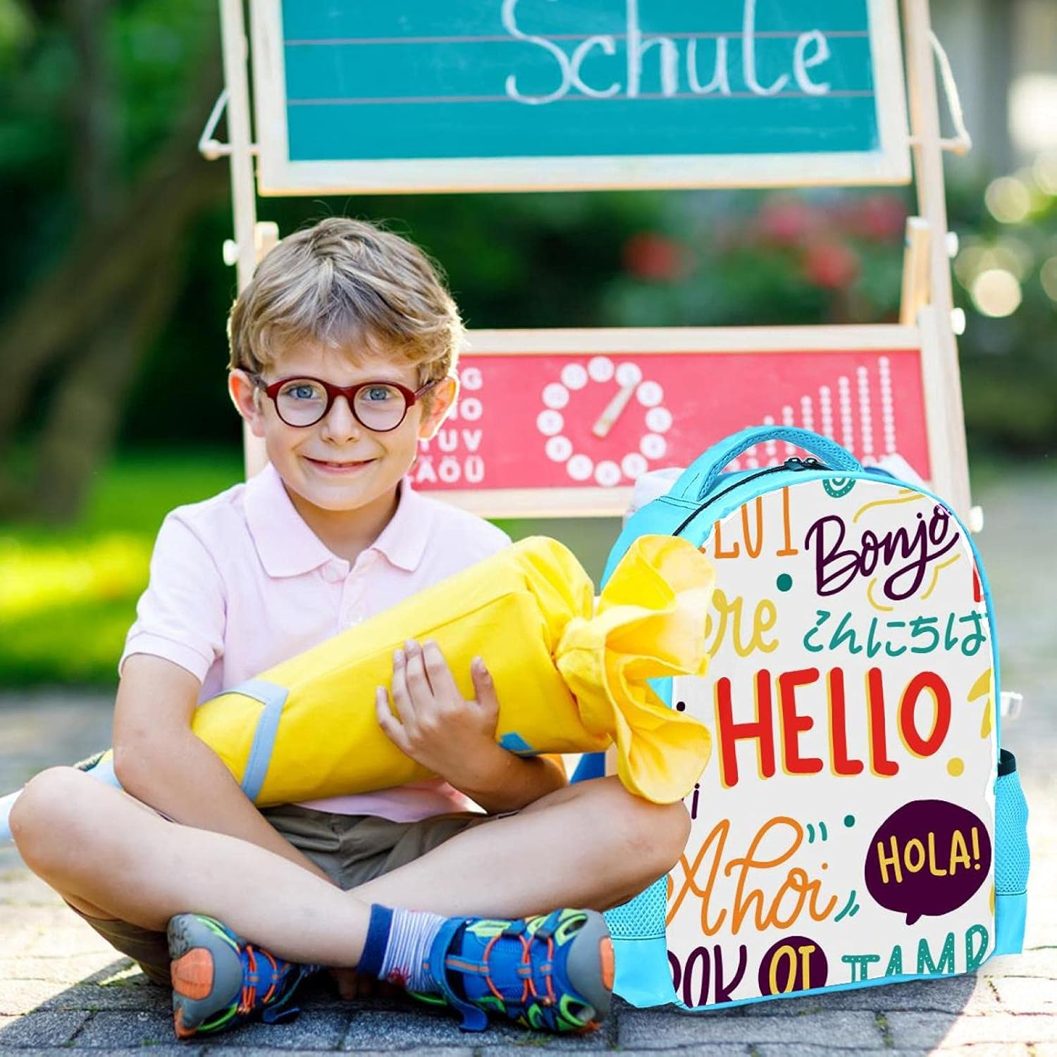 Blue Backpack Boy Bookbags Rucksack Men Travel Handbag Daypack Hello Words in Different Languages image number 5