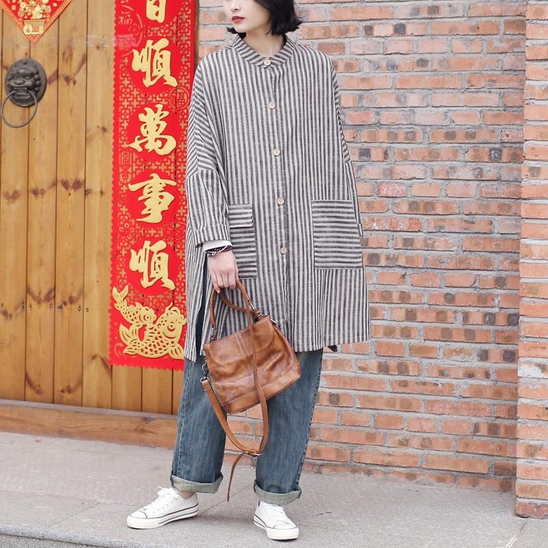Women'S Vintage Linen Cotton Long Shirt Loose Fit Striped Tops with Pockets