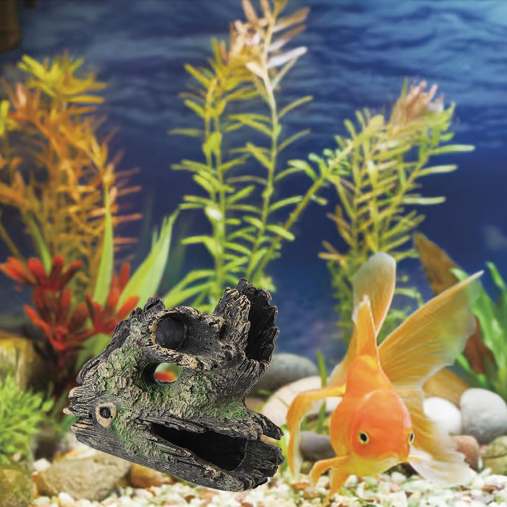 Aquarium Hollow Tree Trunk Ornament, Fish Decor with Moss Artificial Driftwood Polyresin Hideout Decoration Ornament for Fish Tank and Landscape Resin Log Hideaway(St 004C)