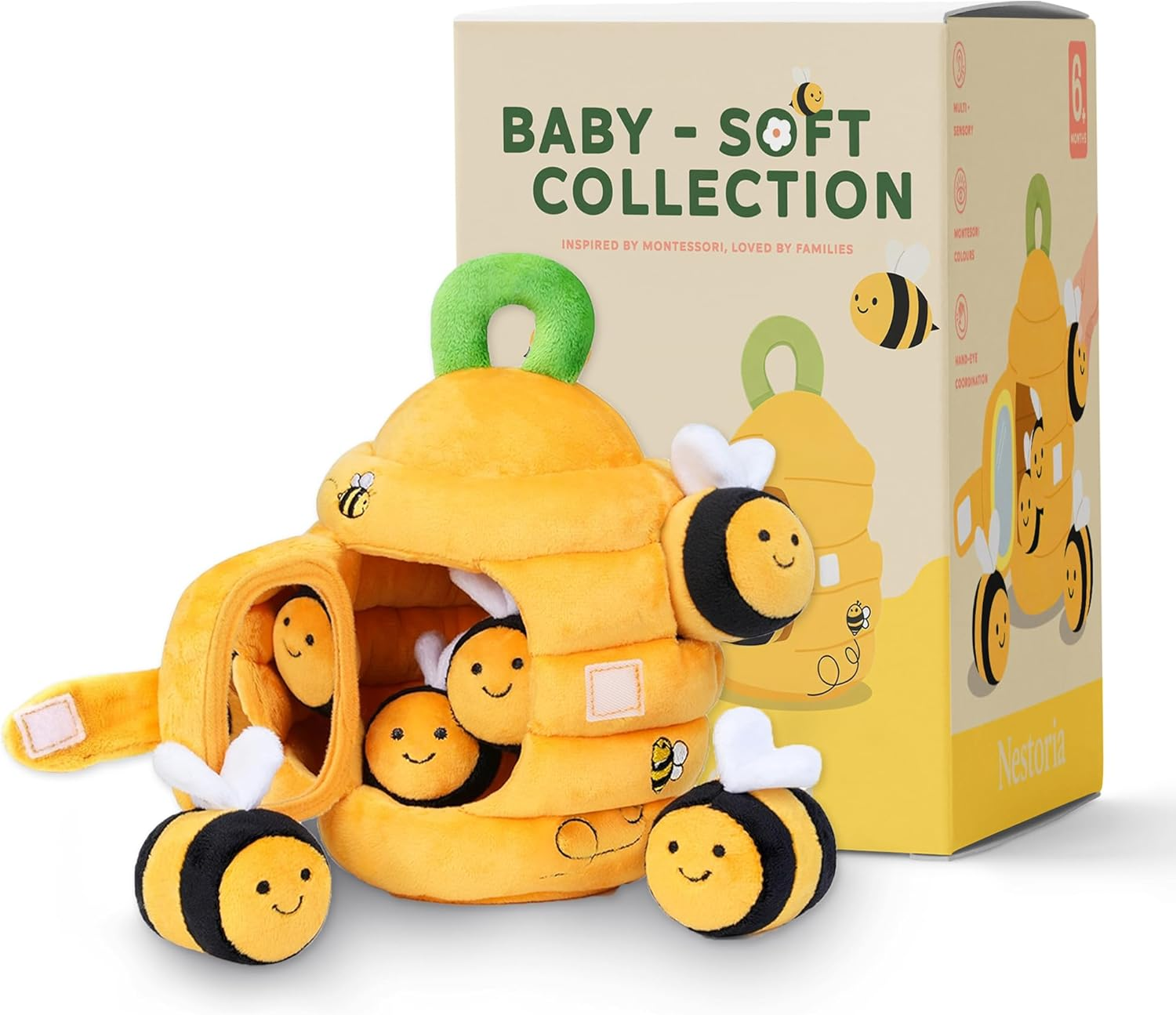 Nestoria Baby Plush Beehive Toy &ndash; Montessori Sensory Playset with 5 Soft Bees &ndash; Fine Motor Skill Development, Educational Plush Toy for Babies & Toddlers 6 12 36 Months | Baby Christmas Birthday Gift image number 3
