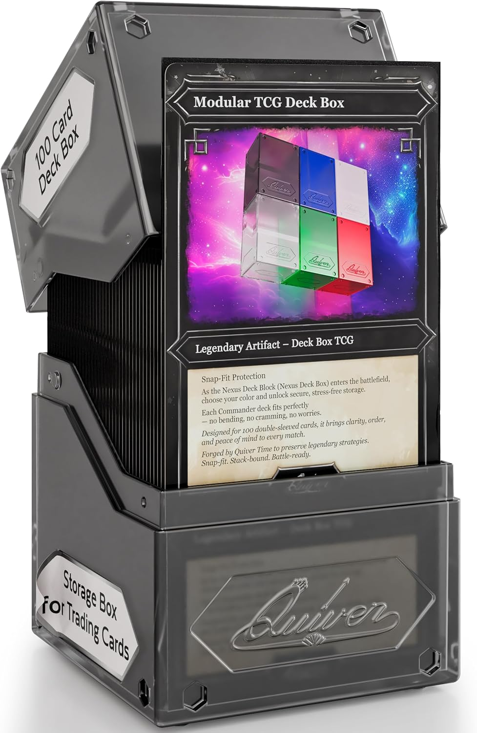 Quiver Time 360&deg; Modular Nexus Deckblock - Durable Stackable MTG Deck Box for Commander Fits 100+ Cards | Stylish 100 Card Deck Box MTG | Interchangeable TCG Decks Boxes (1 Pcs, Clear)