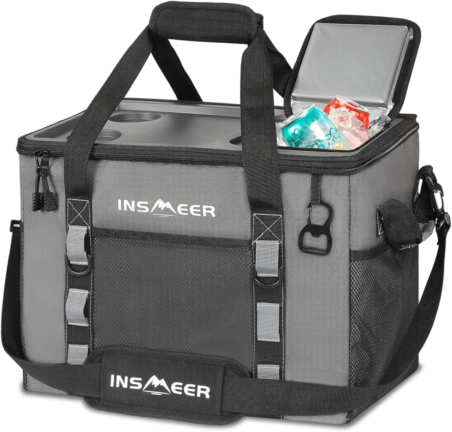 INSMEER Soft Cooler Bag with Hard Shell & 2 Cup Holders, Portable 40L/70 Cans Collapsible Cooler Insulated with Leakproof for Travel, Ice Chests and Coolers for Beach Camping Picnic image number 5