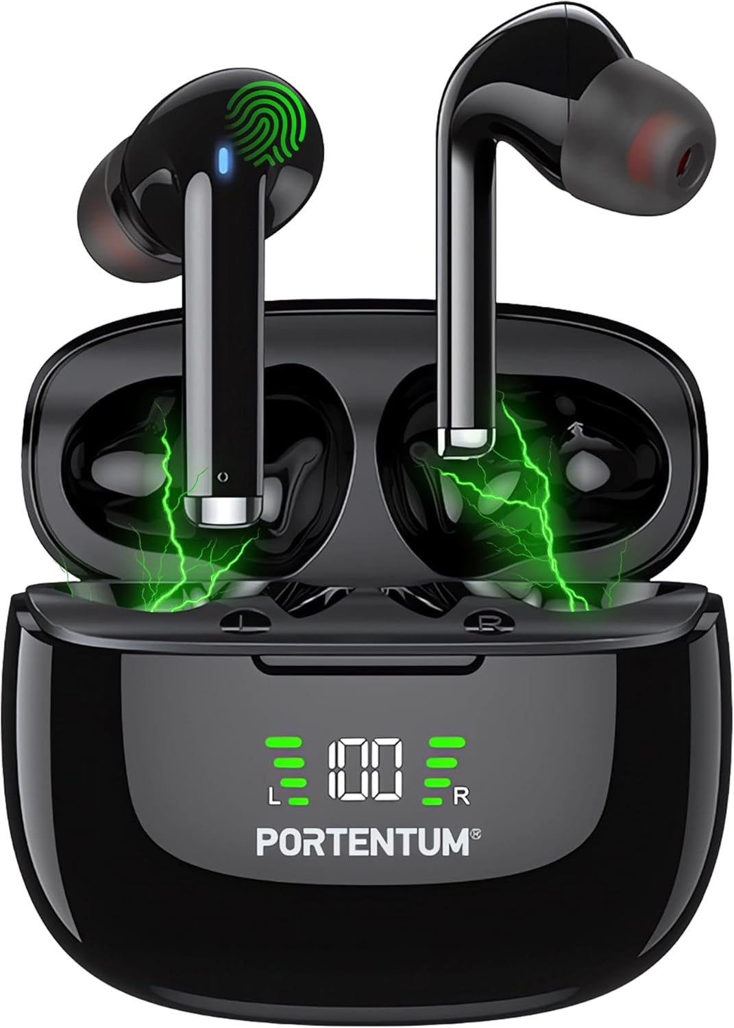 PORTENTUM Wireless Bluetooth 6.0 Headphones - Hybrid ANC + ENC Noise Cancelling - Battery Life 60H - In-Ear Touch Control IPX6 Waterproof - LED Indicator - Hifi Bass 10 Mm - Comfortable Fit - USB-C
