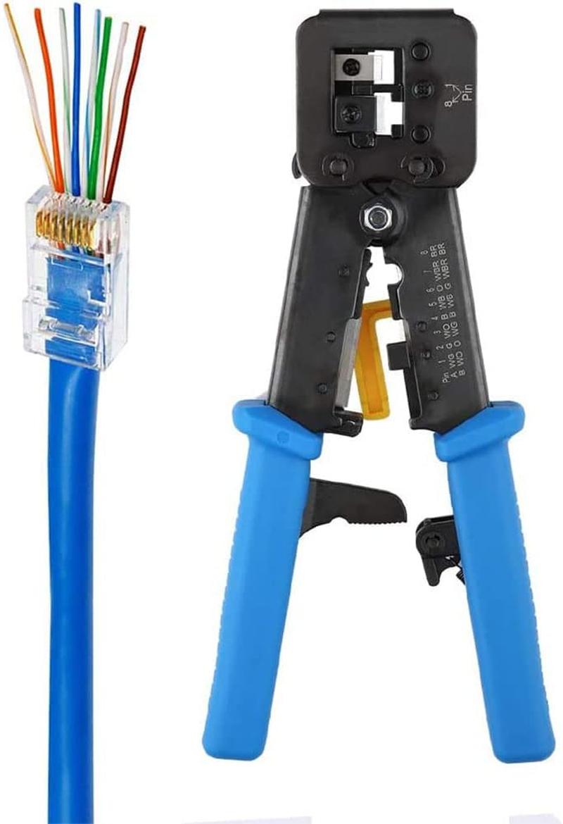 RJ45 Crimping Tool Ethernet Crimper for Cat6 Cat5 Cat5E RJ45 Pass through Connectors and R11/RJ12 Regular Ends with 50Pcs Connectors, 50Pcs Covers and Mini Wire Stripper (Crimper Only) image number 5