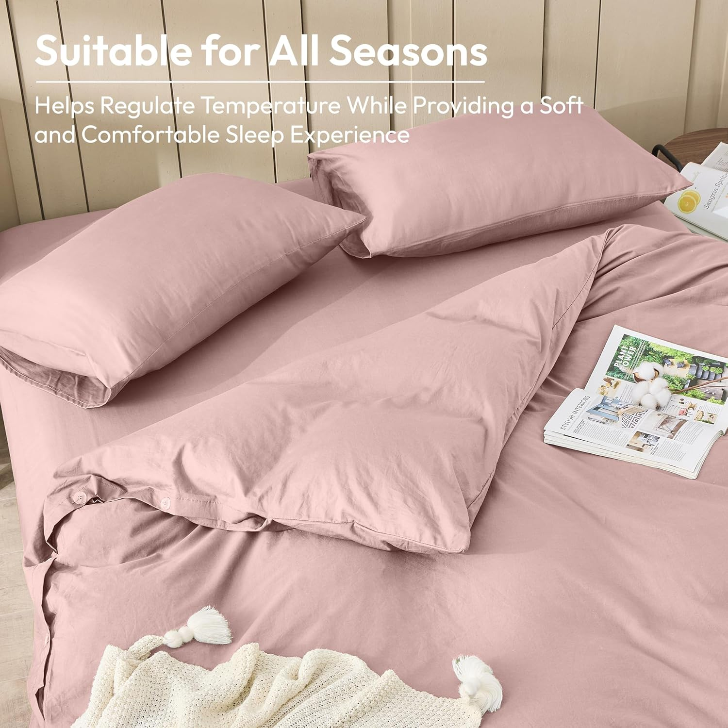 LINENOVA 100% Cotton Quilt Cover Set Queen &ndash; 3 Pieces Vintage Washed Duvet Cover with Pillowcases, Ultra Soft & Breathable, All Season Bedding - Dusty Pink