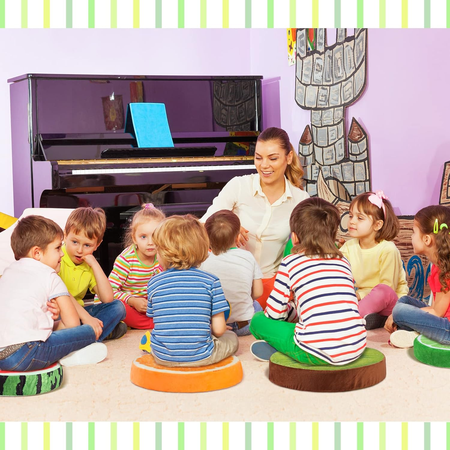 Coume 4 Pcs 15.7 Inch Fruit Pillows round Floor Cushions 3D Watermelon Kiwi Lemon Orange Decorative Stuffed Throw Pillows Chair Toy Seat Floor Seat Cushions for Kids Couch Sofa Classroom image number 2