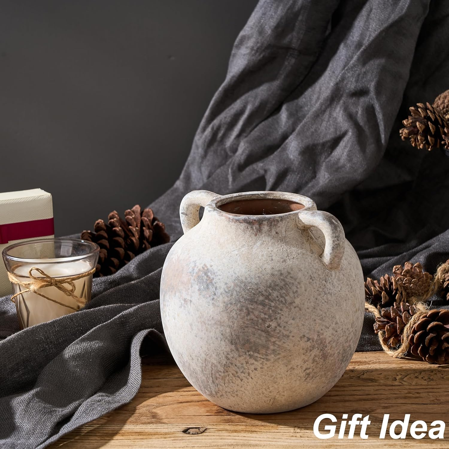 5.8 Inch Terracotta Vase with Handles, Rustic Vase for Home Decor, Farmhouse, Living Room, Table - Gray, Set of 1 image number 1