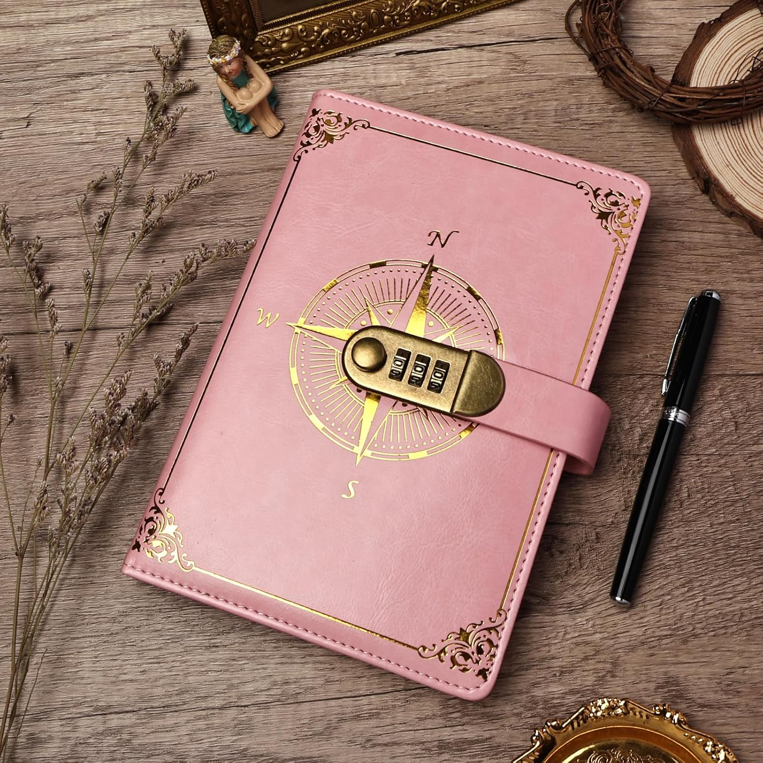 Literary Vintage Leather Notebook with Lock, Embossed Pattern Compass Diary for Writing, A5 Notebook with Lined Paper for Women & Men image number 3