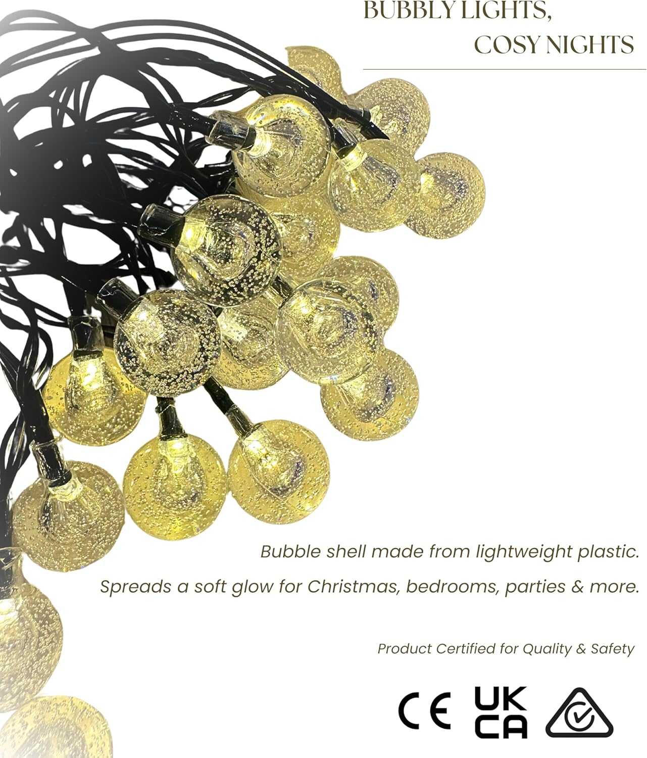 Meletē LED Bubble Ball String Lights &ndash; 6.1M (20Ft), 40 Warm White Leds, Battery Operated with Timer &ndash; Fairy Lights for Indoor Use, Christmas, Bedroom, Party Decoration image number 2