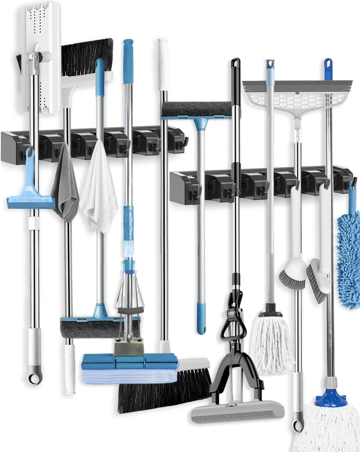 Acemining Broom Holder Wall Mounted, 2 Pack 5 Holders and 6 Hooks Mop Holder, ABS Plastic Brush Holder, Thick and Durable Mop Wall Holder Black image number 4