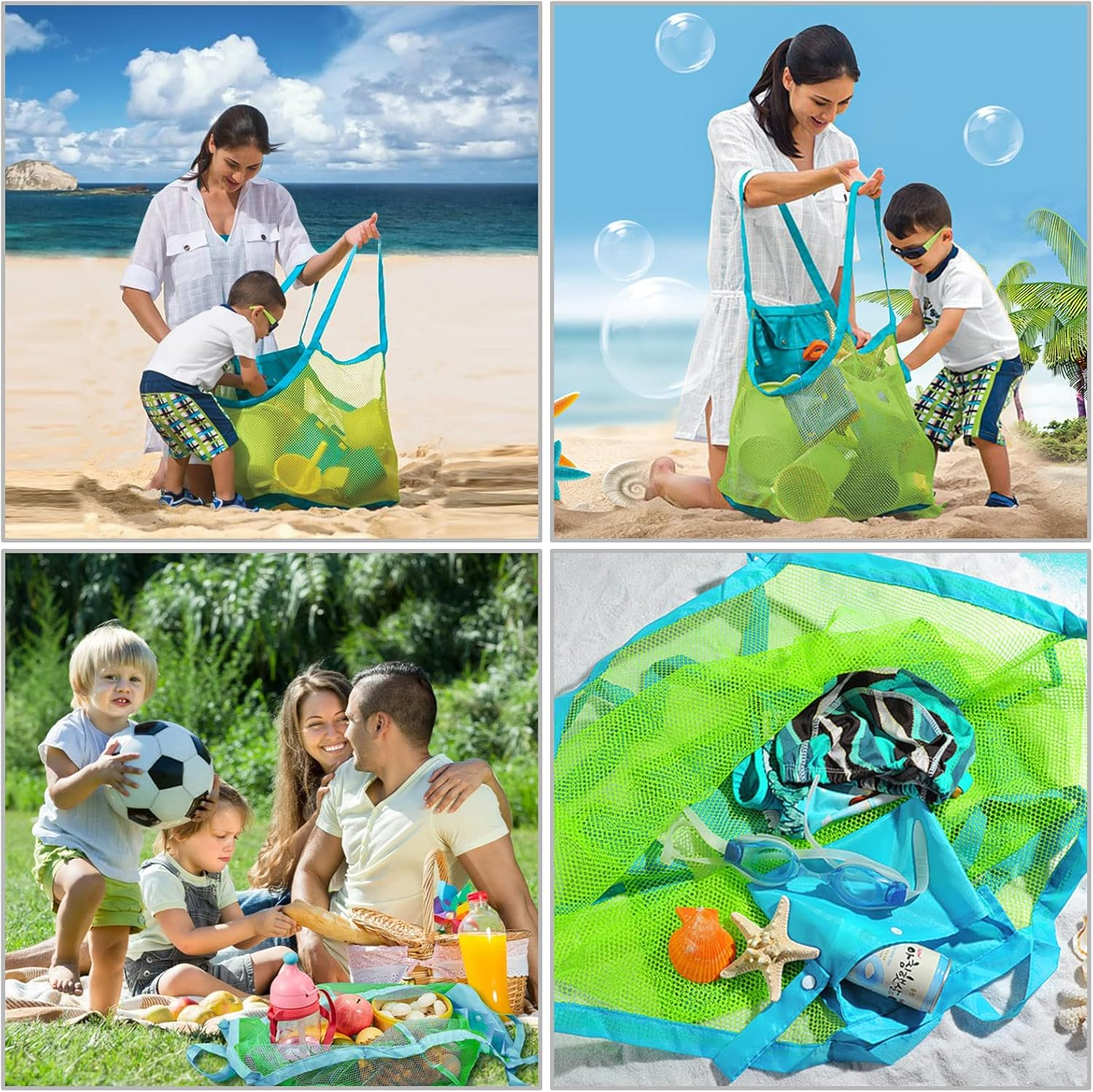 Mesh Beach Tote Bag, Extra Large Beach Bags, Kids Sea Shell Bags, Quick Dry Net Tote for Swimming Pool Travel Beach, Green, Large