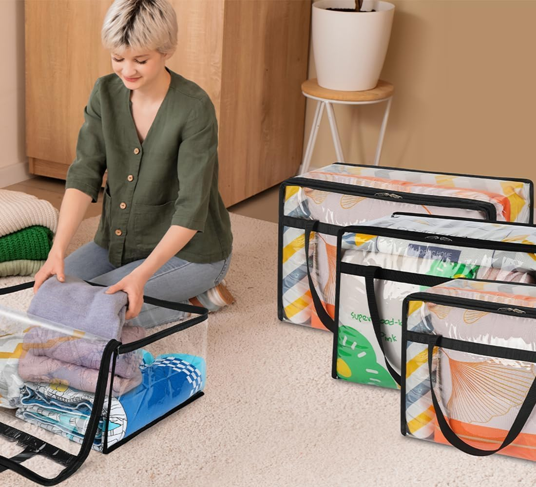 4 Pack Clear Plastic Clothes Storage Bags, 40L Blanket Storage Bag，Foldable Moving Bags with Zipper for Clothes, Reinforced Handle for Loft Wardrobe for Bedding, Comforters, Dolls image number 1