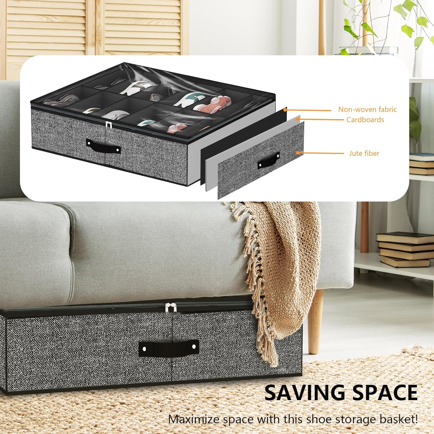 VERONLY under Bed Shoe Storage Organiser Set of 2, Underbed Shoe Storage Box Bins Fits 24 Pairs-Sturdy for Closet (Grey) image number 5