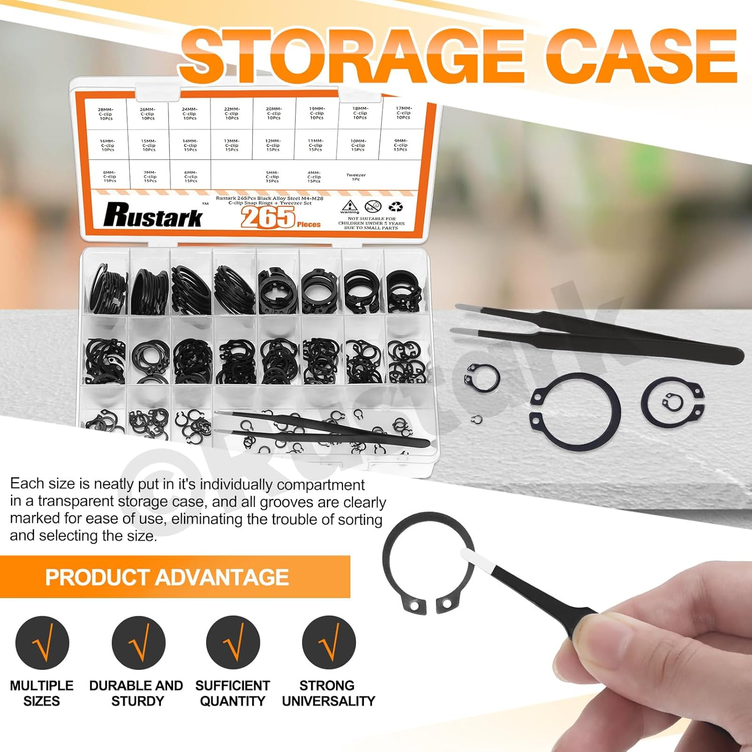 266Pcs 21 Sizes Black External Snap Rings Assortment Kit with Tweezers Alloy Steel External Retaining Rings Circlip Snap Retaining Clip Rings C-Clips Snap Ring Set for Axle Shaft Parts image number 5