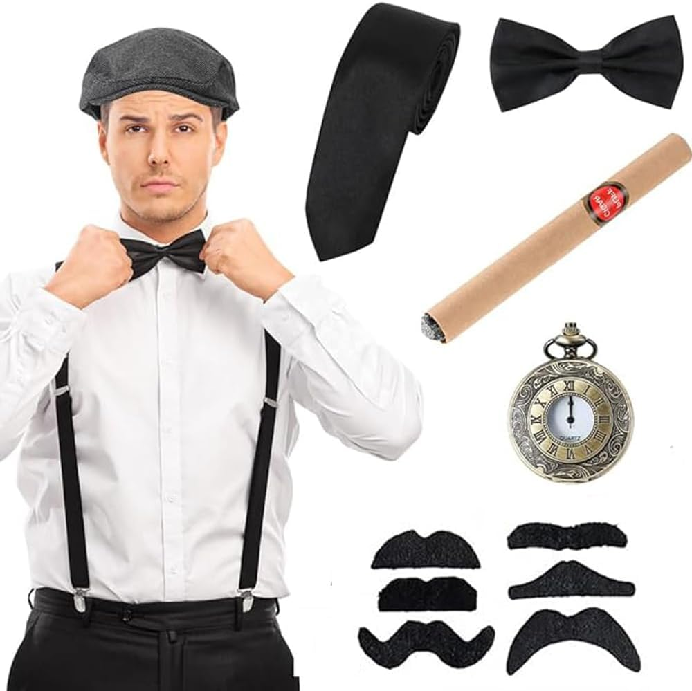 WOTOW 1920S Men&rsquo;S Costumes, Roaring 20S Gatsby Costumes Accessories for Men with Hat Bow Tie Goggles Holder Suspender Mustaches Pocket Watch image number 4