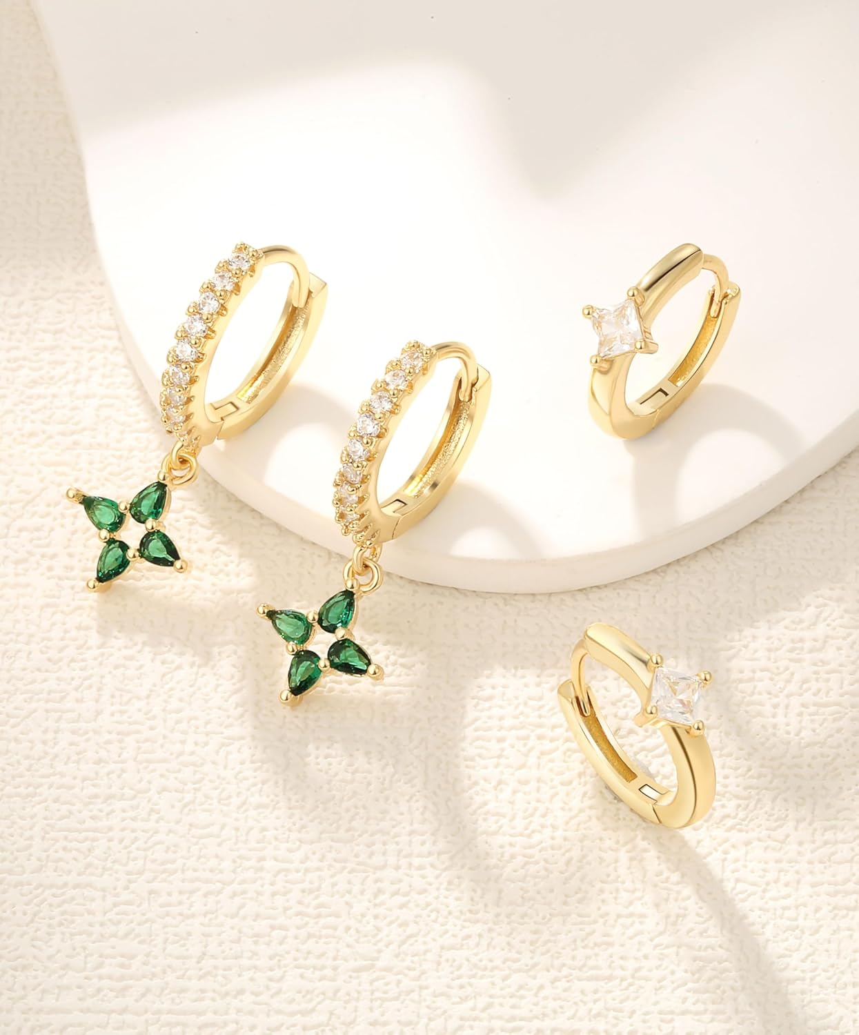 LYLYMIMI 7Pairs 14K Gold Plated Huggies Hoop Studs Earrings for Women Small Dangle Hoop Earrings Gold Green Earrings Set for Multiple Piercing image number 3