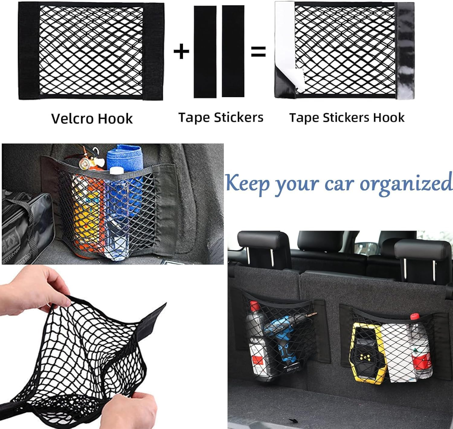 4Pcs Car Stretchable Storage,11.8"*9.8"Universal Mesh Cargo Net Wall Sticker Organizer Pouch Bag Storage Mesh Net for Interior Accessories for Cars, Truck, SUV, RV