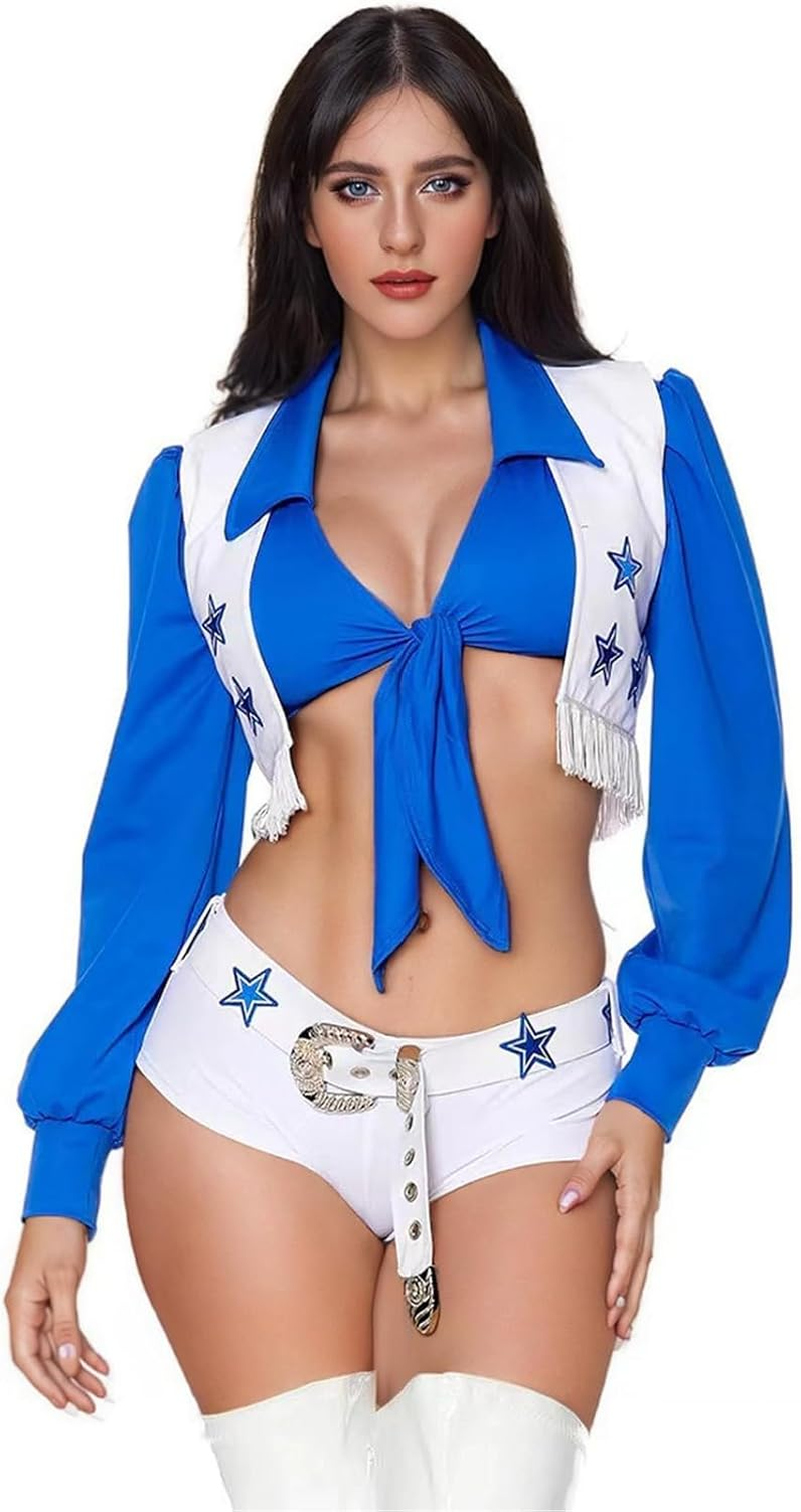 BYVCUI Cowboy Cheerleader Costume Adult Women Star Sexy Cheerleader Outfits Halloween Costume Girls Outfit Adult Halloween 3 Piece Shirt Vest and White Shorts