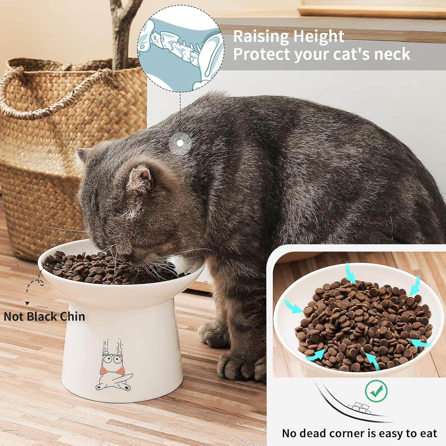 6.5 Inch Extra Wide Ceramic Raised Cat Bowls, Upgraded Elevated Porcelain Cat Food Water Bowl Dish, Stress Free Pet Feeder Bowls Dishes for Elder Big Cats & Small Dogs, White image number 6
