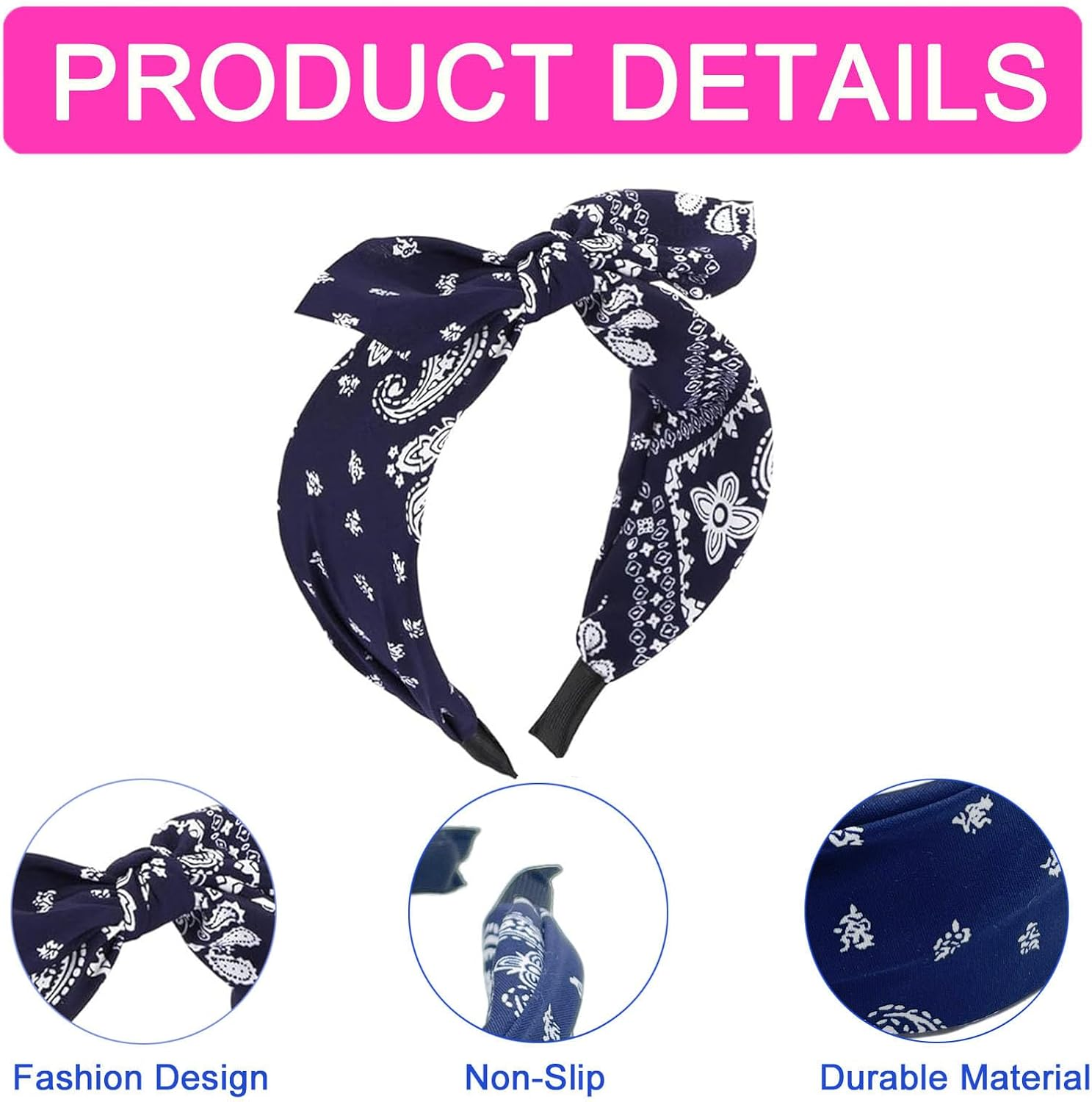 Pack of 4 Wide Paisley Headbands, Bow Hair Bands, Vintage Headband with Knots, Rockabilly Headbands, Turban, Elastic Hair Bands, Non-Slip Hair Accessories, Hair Accessories for Women and Girls image number 3