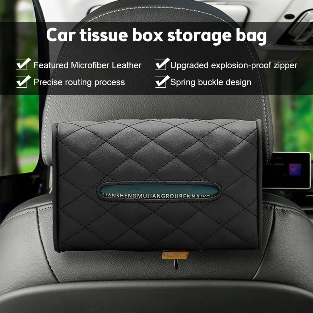 Car Chair Back Mounted Tissue Holder PU Leather Case,Black image number 2