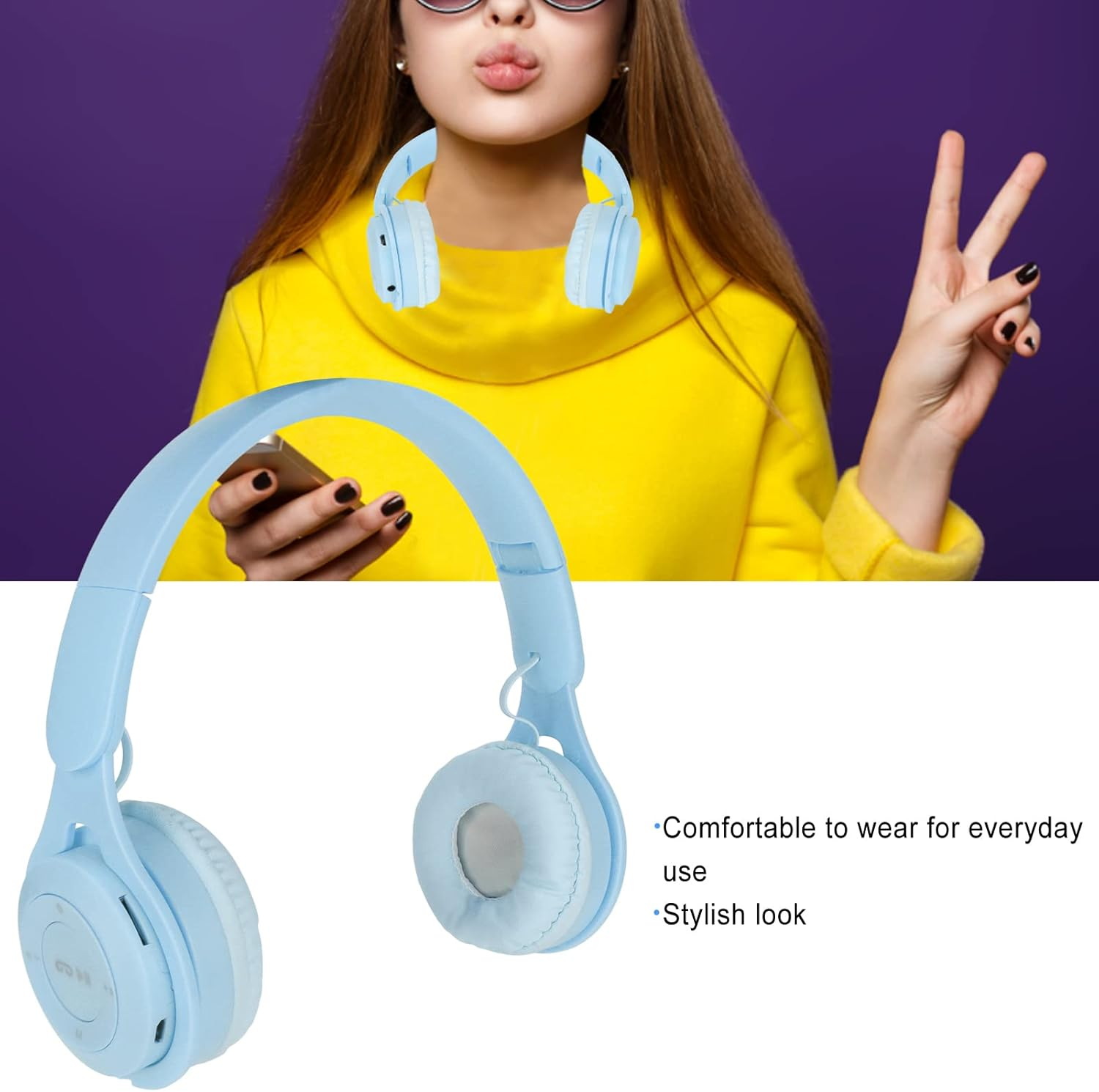 Annadue Wireless Headphones for Kids, Cute over Ear Bluetooth Headset with Deep Bass, Foldable Stereo Headset, Built in Mic, for Kids Girls Boys Adults (Blue) - Blue image number 2