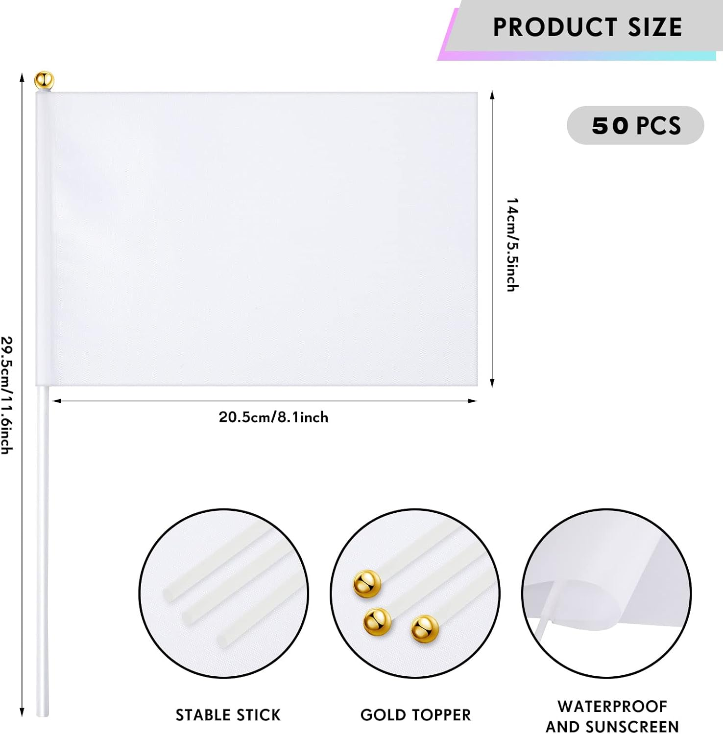 50 Pcs White Small Mini Flags Bulk Sublimation Blank Plain Hand Held DIY Miniature on Stick for Garden Car Parades Grand Opening Birthday Wedding Party Events Celebration image number 5