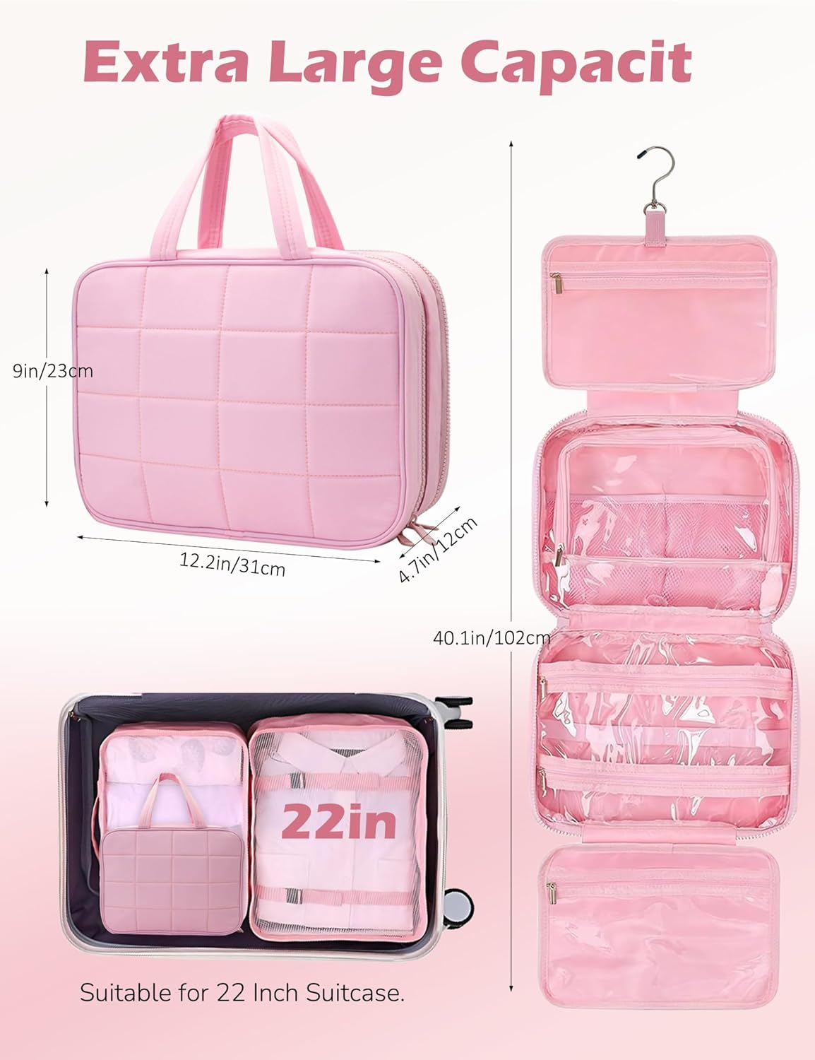 Travel Toiletry Bag for Women, Wide-Open Makeup Pouch,Hanging Toiletry Bag with Hook,Travel Storage Organizer for Skin Care Cosmetics Toiletries Full Sized Container (White) - White image number 6