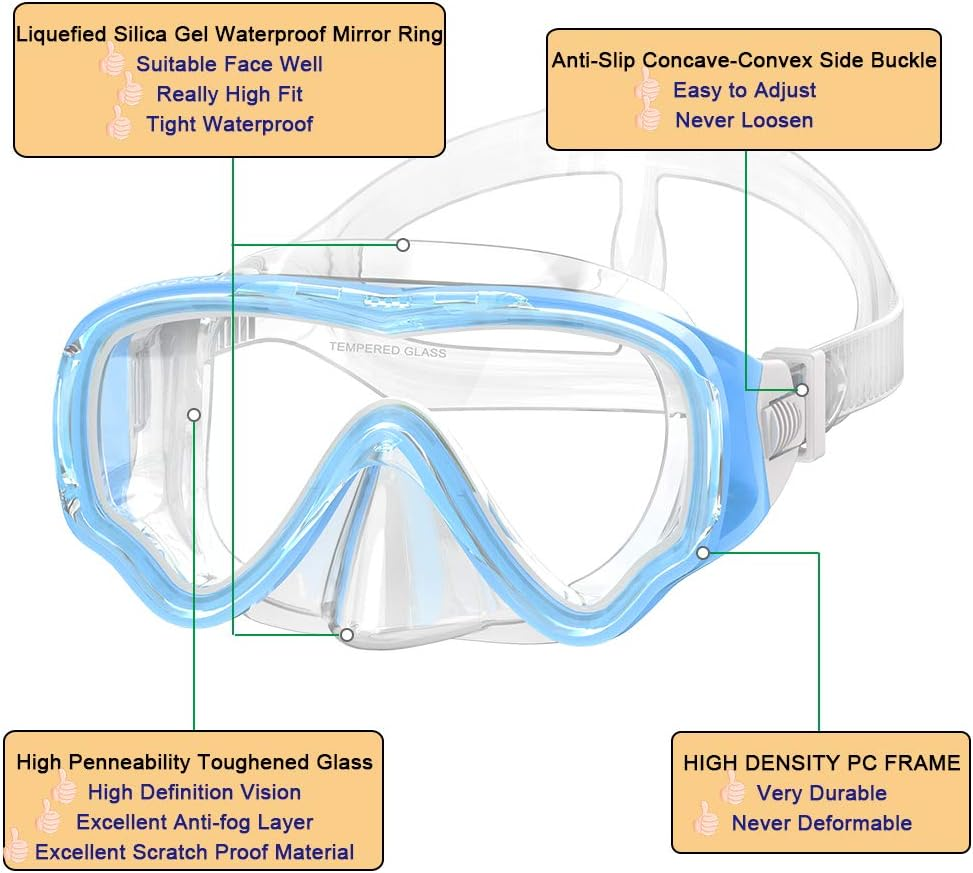 WACOOL Snorkeling Snorkel Package Set for Kids Youth Junior, Anti-Fog Coated Glass Diving Mask, Snorkel with Silicon Mouth Piece,Purge Valve and Anti-Splash Guard. image number 5