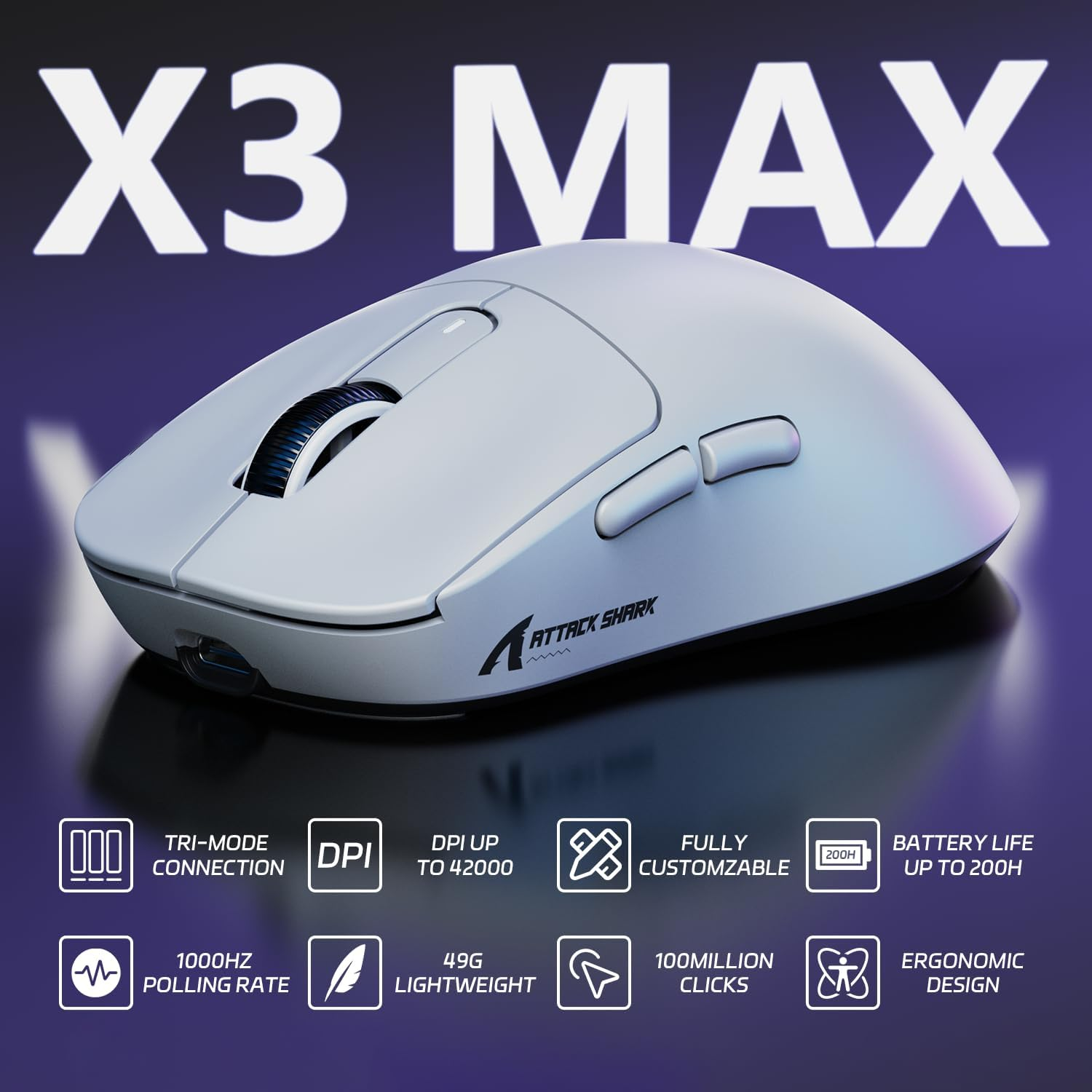 ATTACK SHARK X3MAX Wireless Gaming Mouse,Pixart PAW3950 Gaming Sensor,Up to 42K DPI,100 Million Micro,49G Lightweight Tri-Mode(Bt5.2/2.4Ghz/Wired) Mice with Coiled Cable-White