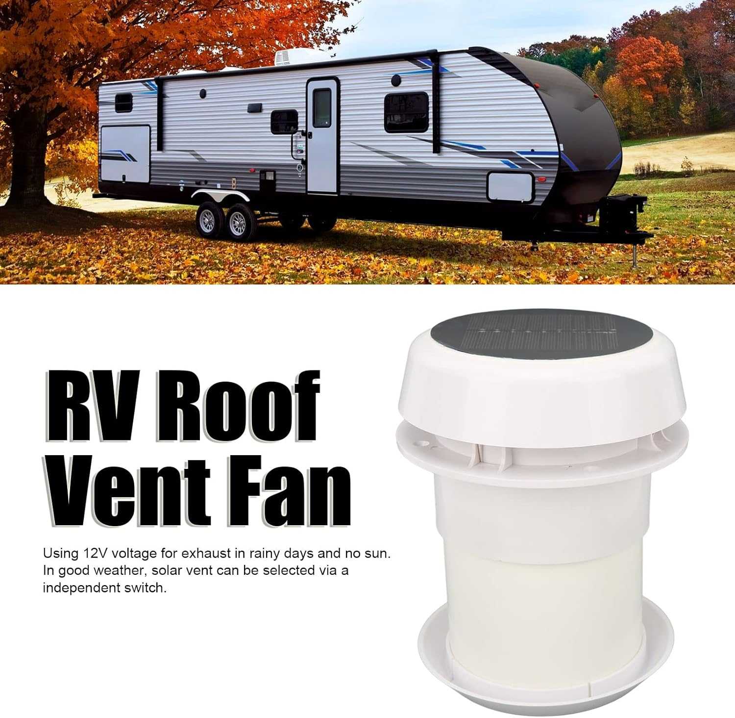 RV Solar Ventilation Fan, 12V Roof Exhaust Fan with Protective Net, Noiseless Solar Powered Vent for Trailers, Campers, and Boats image number 3