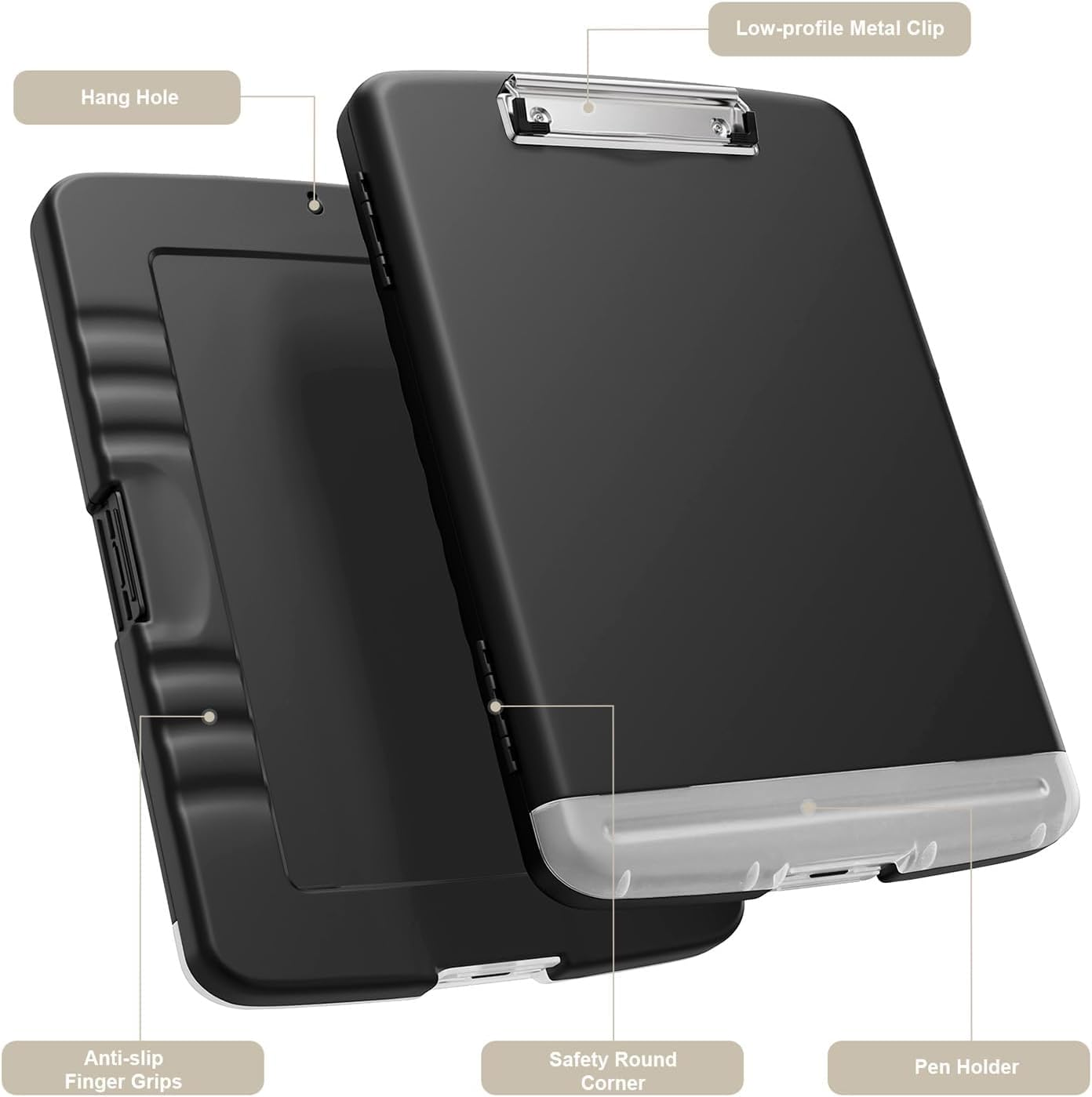 Clipboard with Storage, 2 Pack 36.5 X 25.4CM Organization Box with Pen Holder and A4 Legal Paper Folder, Folio & Side-Opening, Low Profile Clip,For Nurses,Teachers (Black, 2PC) - Black image number 6