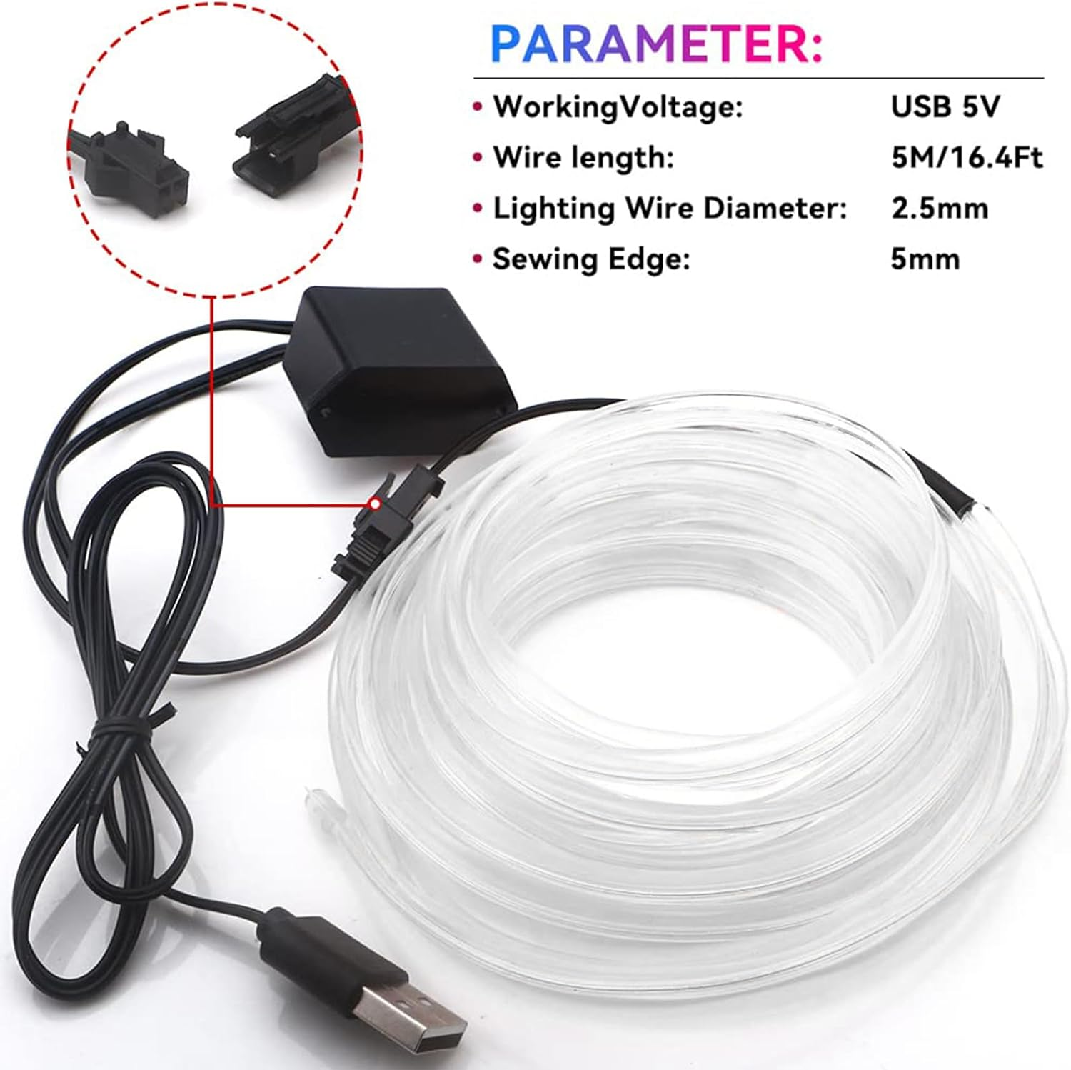 5M EL Wire Car LED Interior Strip Light USB Neon, USB Powered Neon Ambient Light Kits for Auto Indoor Gap Decorations Dashboard Accessories & Decor (White) - White image number 5