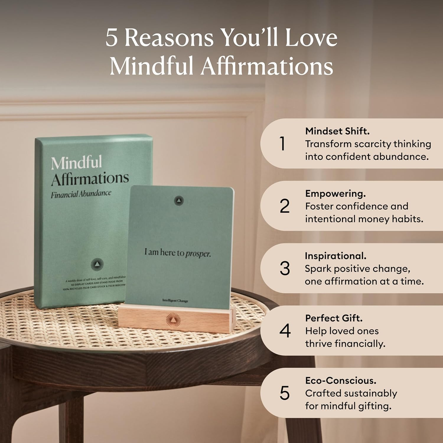 Intelligent Change Mindful Affirmation Cards for Financial Abundance, Daily Words of Inspiration, Self Affirmation Inspirational Gifts, Positive Affirmations with Display Stand, Deck of 52 image number 1