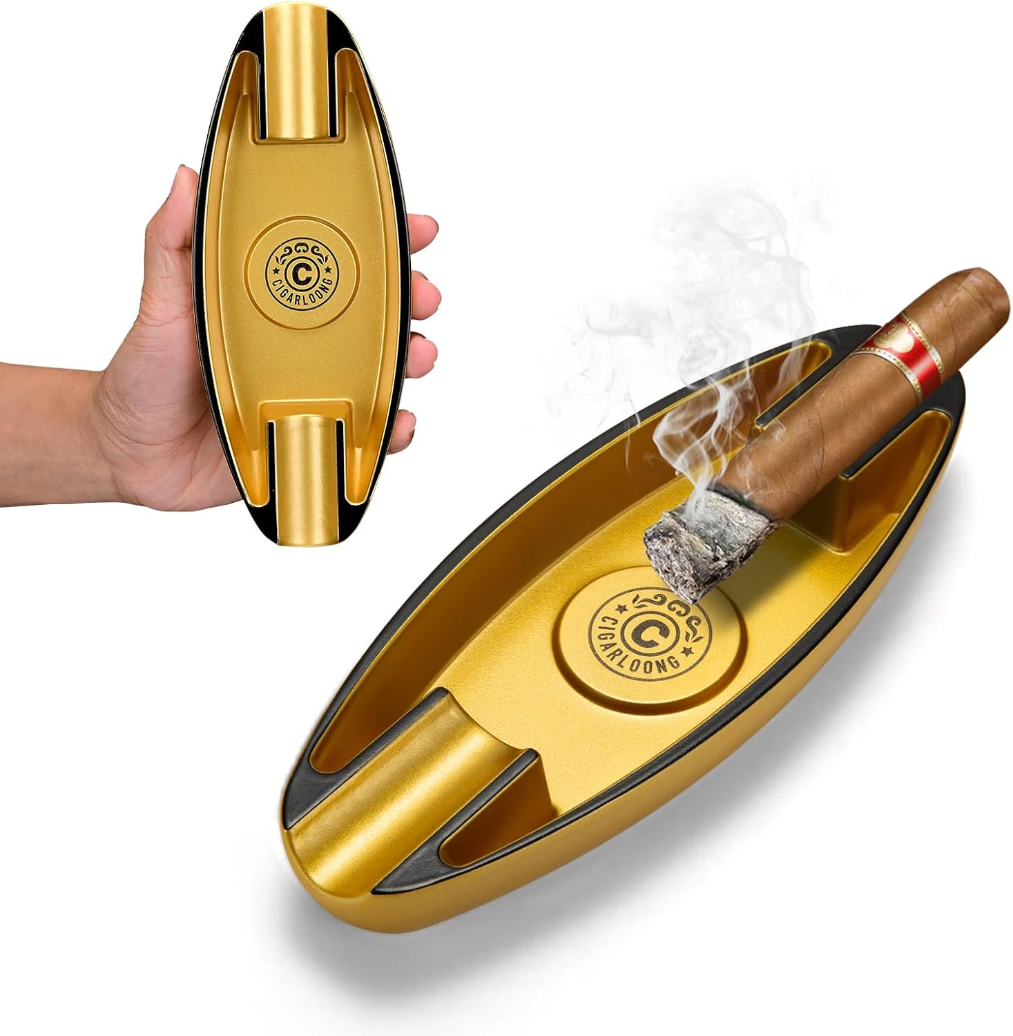 Outdoor Cigar Ashtray, Resin Ashtray, Portable Cigar Ashtray with 2 Holders for Home, Patio, Travel Use (Gold),1 Piece