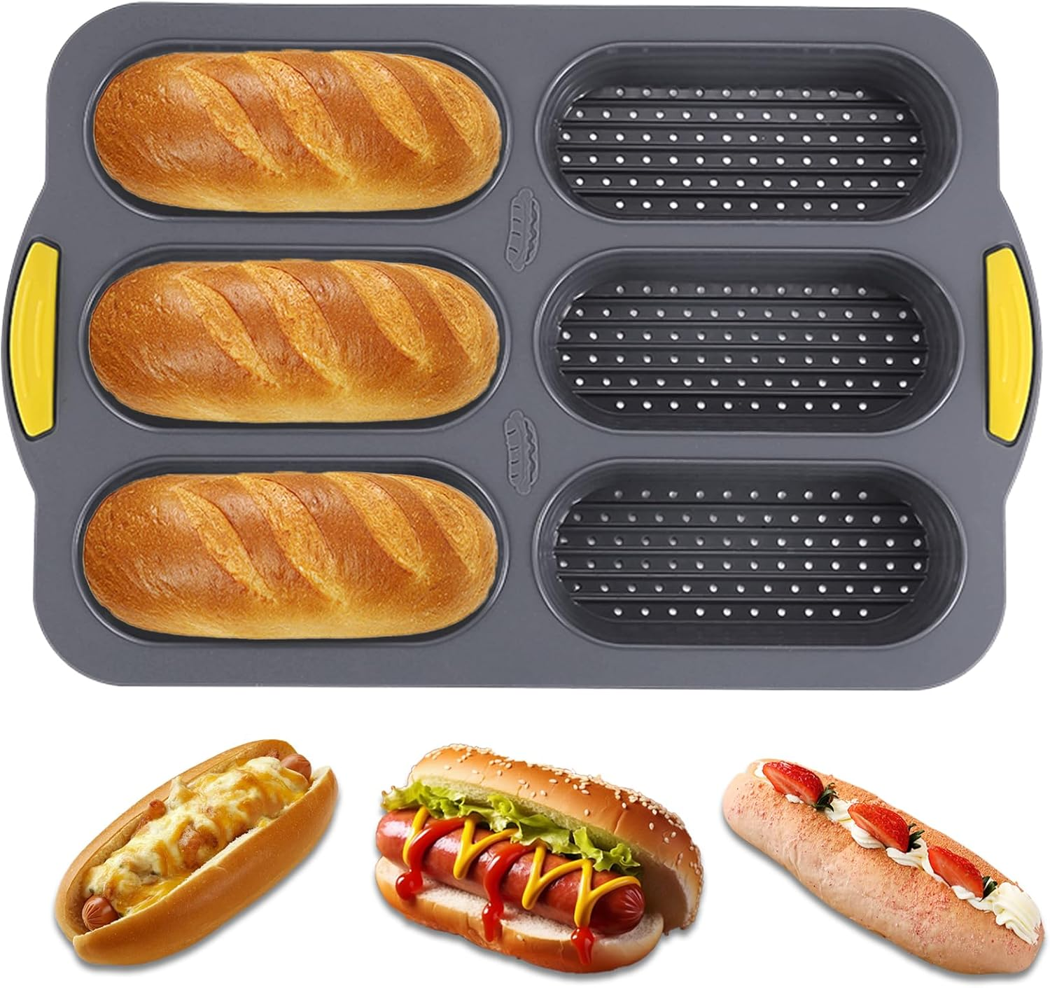 Atrccs Loaf Pan with Four Small Buns, French Bread Loaf Pan, Bread Pan Non-Stick Pan, Easy to Release Household Silicone Food Baking Breakfast Afternoon Tea Romantic Dinner Tool